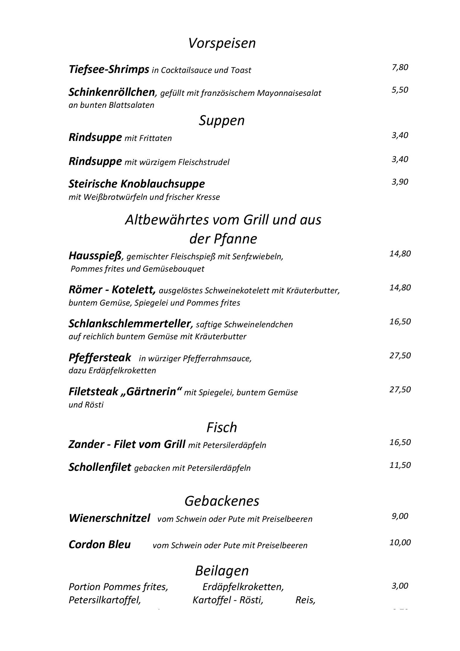 Speisekarte Restaurant Römerstube in Graz, Seite 1