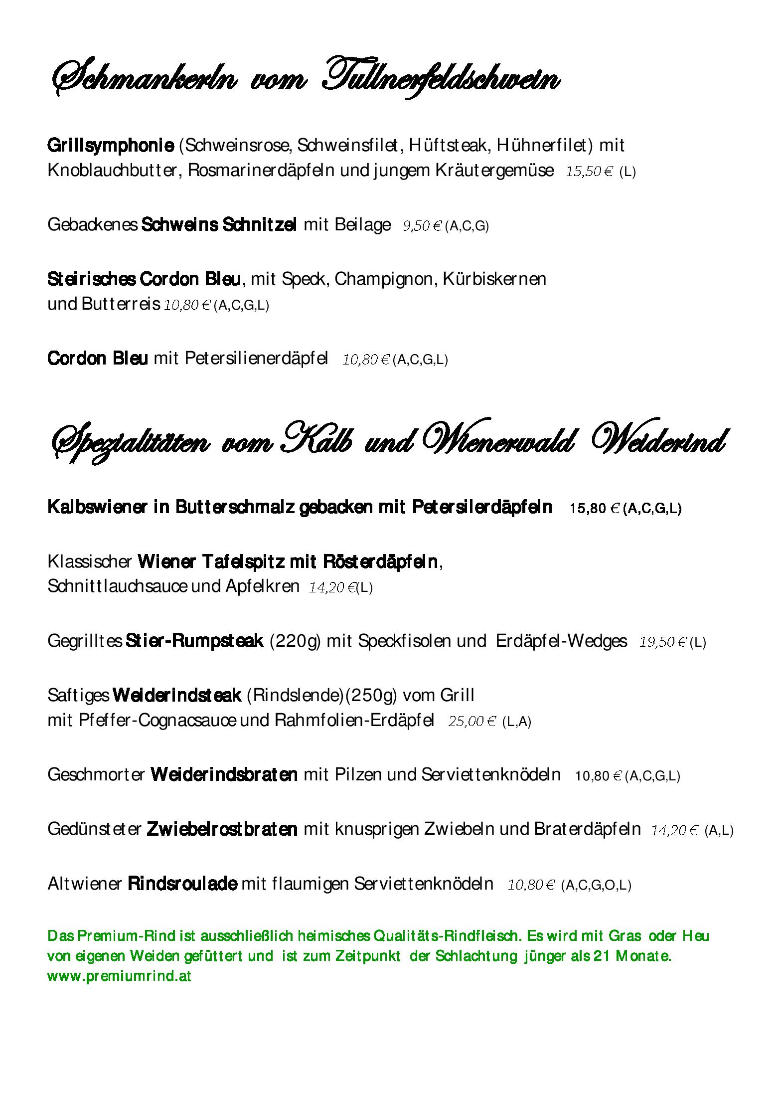 Speisekarte Restaurant Kaiserziegel in Kaltenleutgeben, Seite 1