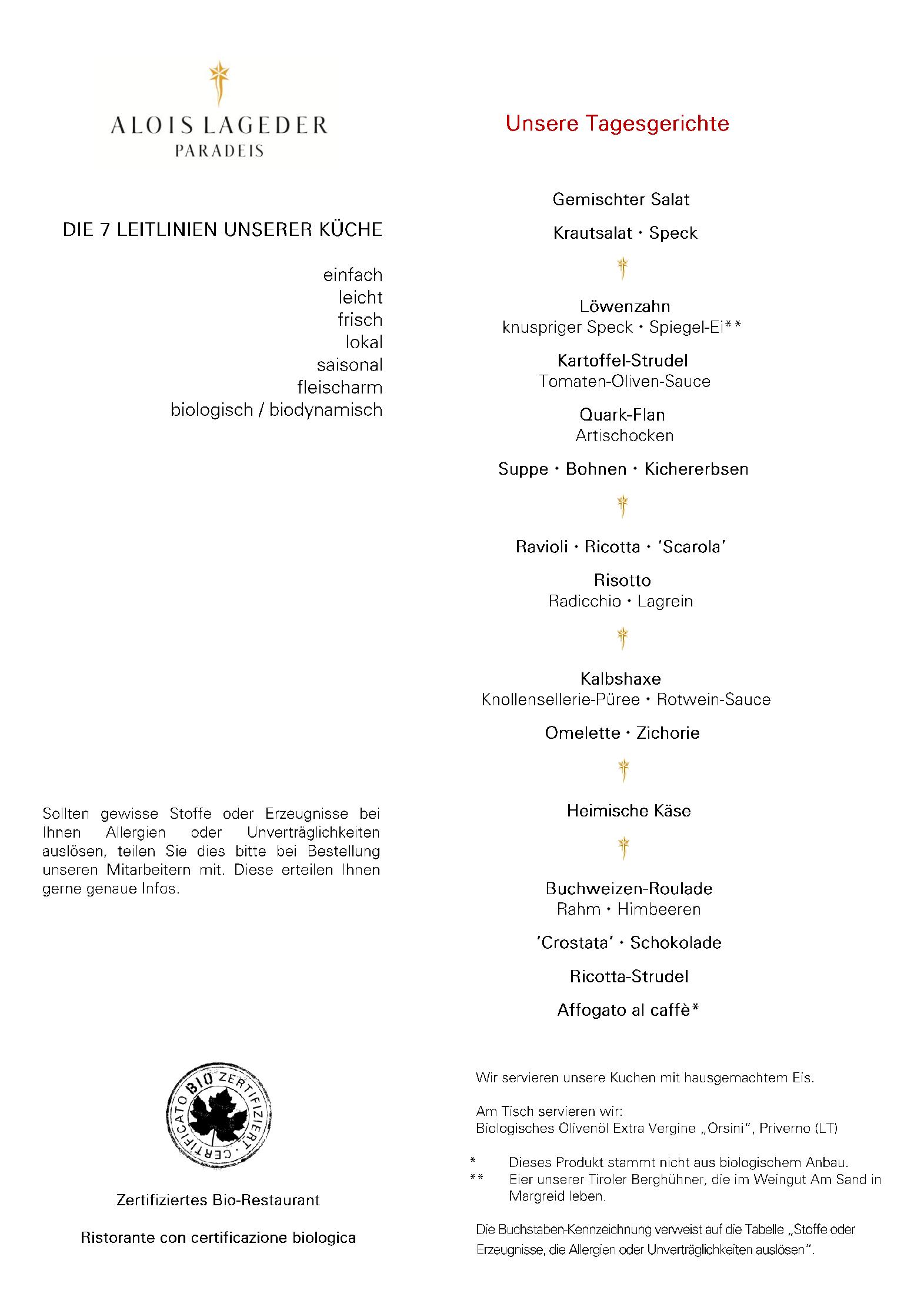 Speisekarte Paradeis in Margreid an der Südtiroler Weinstraße, Seite 1