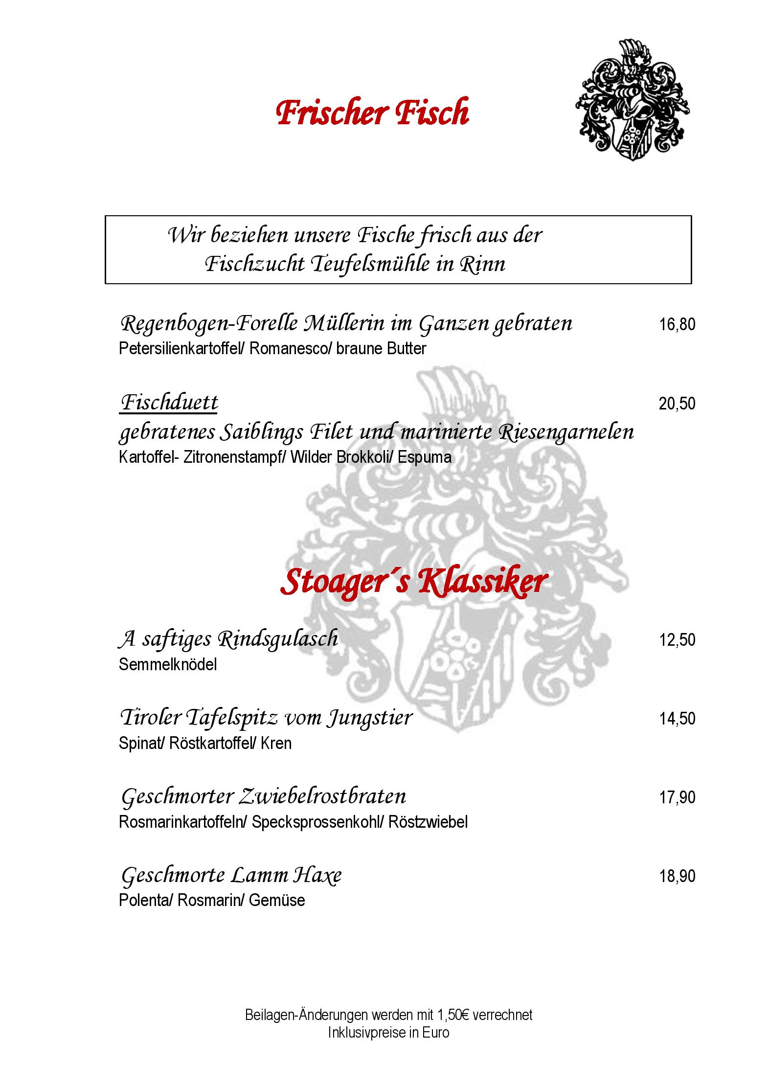 Speisekarte Goldener Adler in Wattens, Seite 1