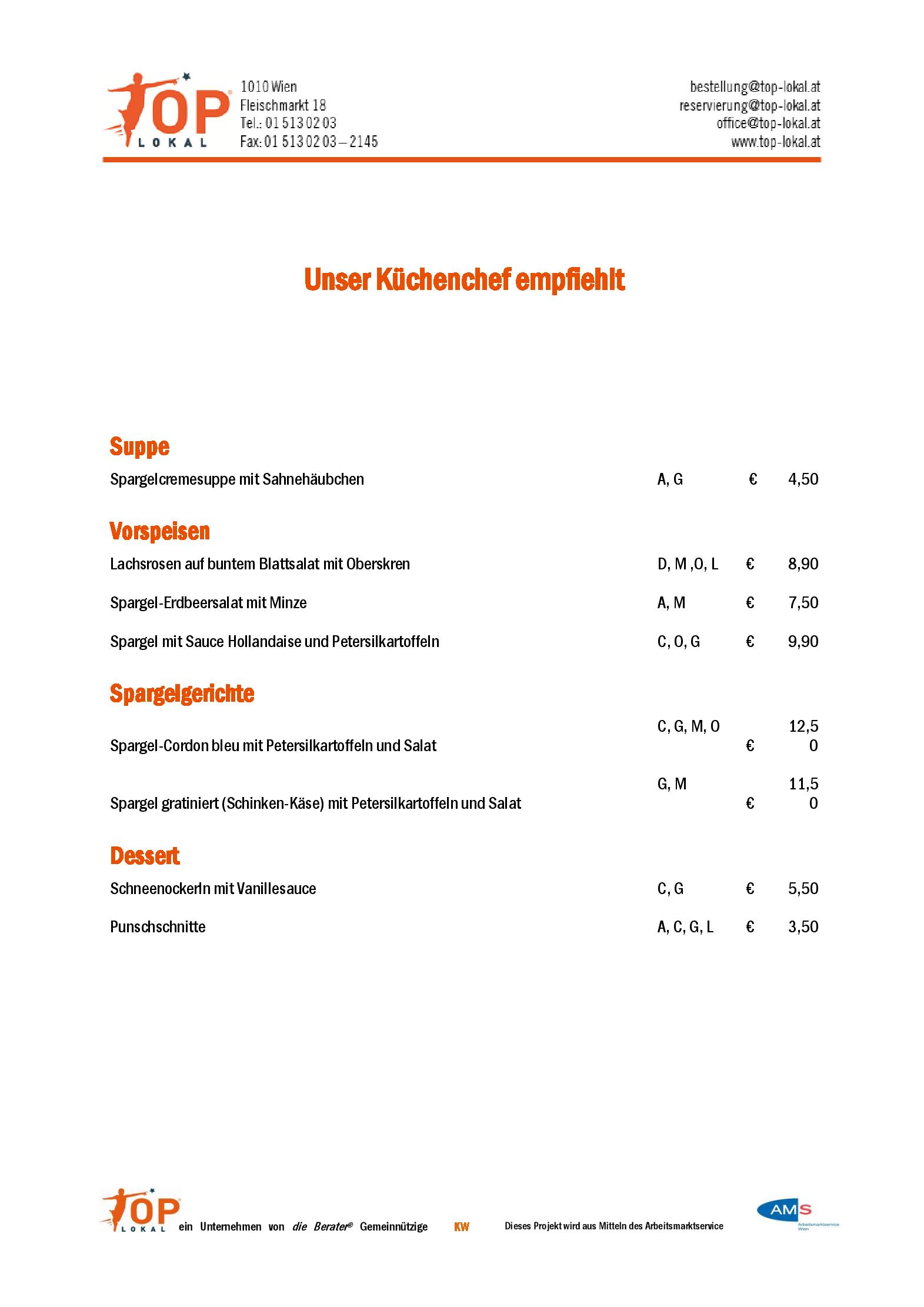 Speisekarte Top Lokal in Wien, Seite 1