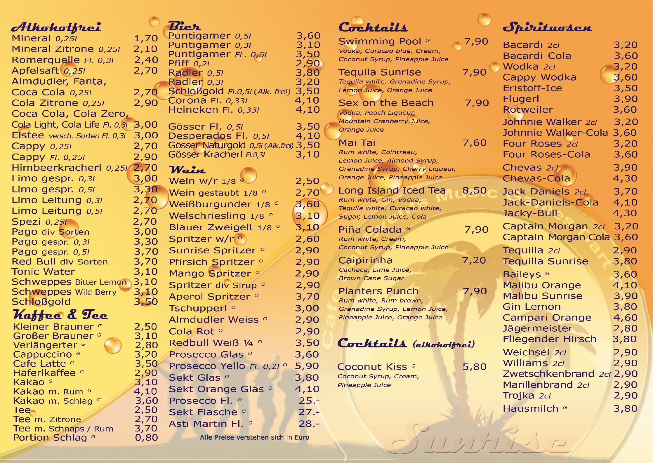 Speisekarte Cafe Sunrise in Graz, Seite 3