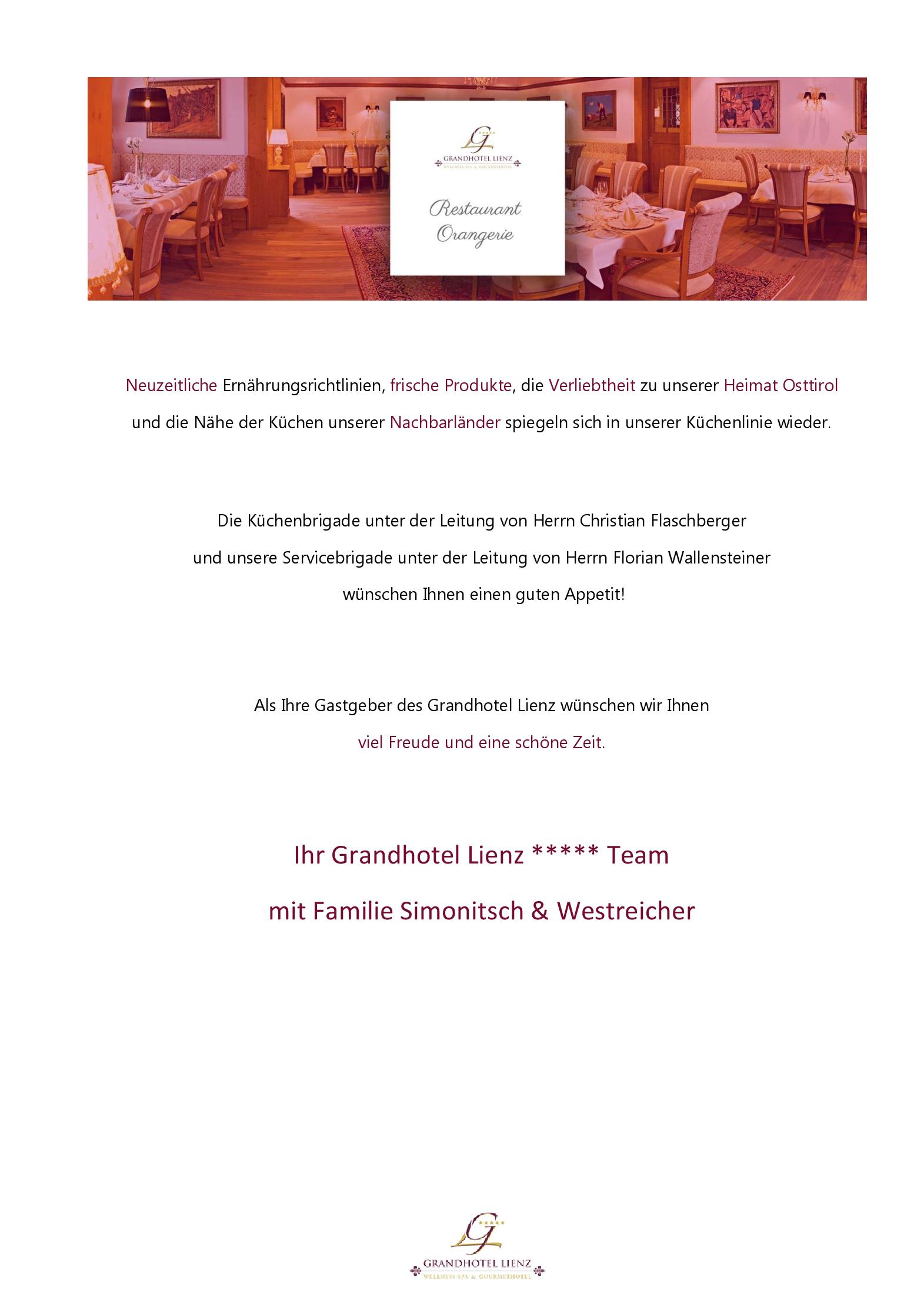Speisekarte Restaurant 'Orangerie'  by Grandhotel Lienz in Lienz, Seite 6
