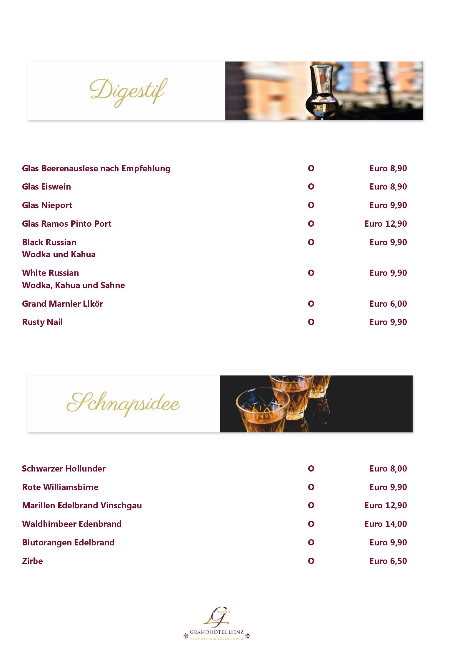 Speisekarte Restaurant 'Orangerie'  by Grandhotel Lienz in Lienz, Seite 2