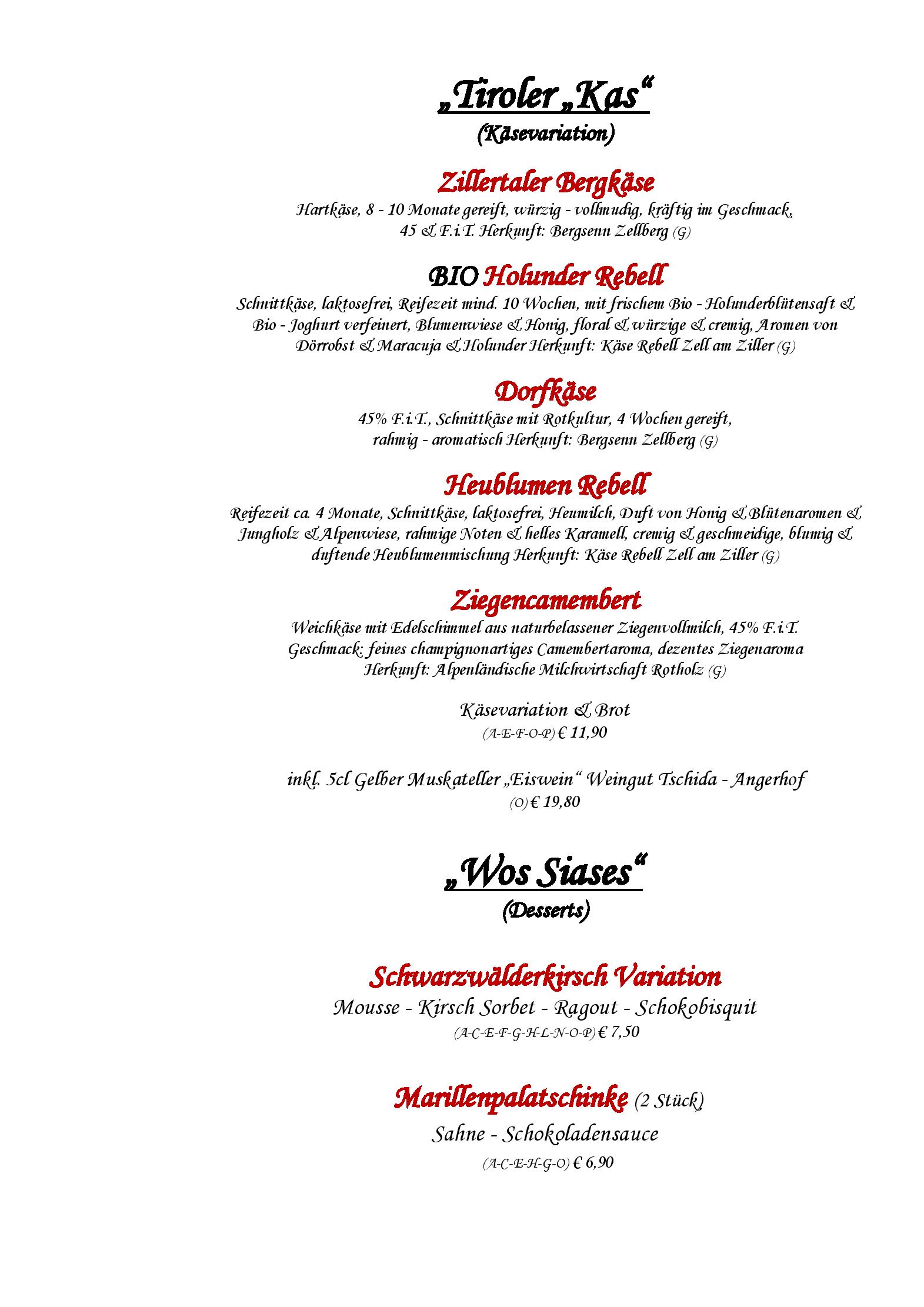 Speisekarte Hotel Restaurant Englhof in Zell im Zillertal, Seite 1