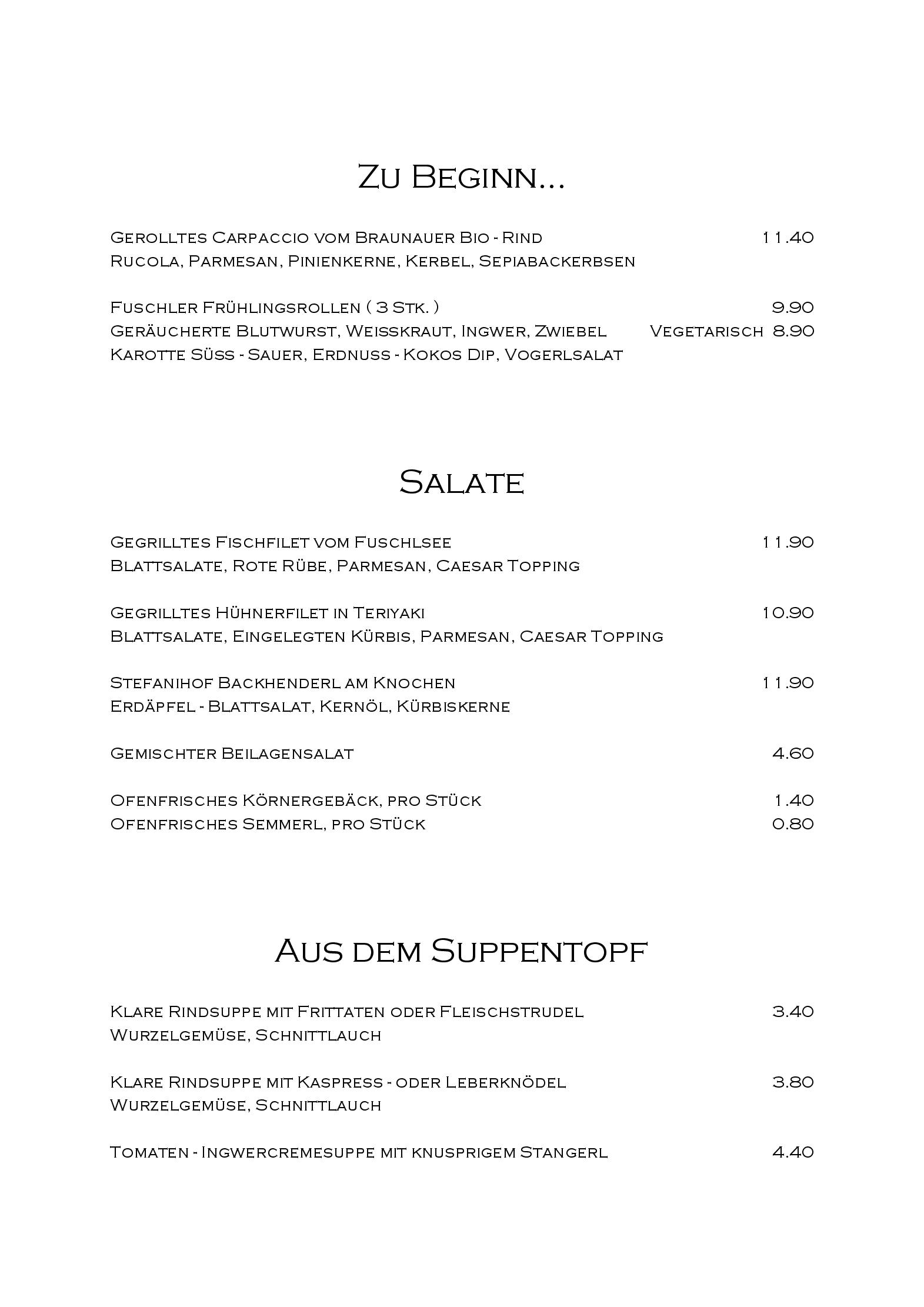 Speisekarte Hotel Stefanihof Restaurant in Fuschl am See, Seite 2