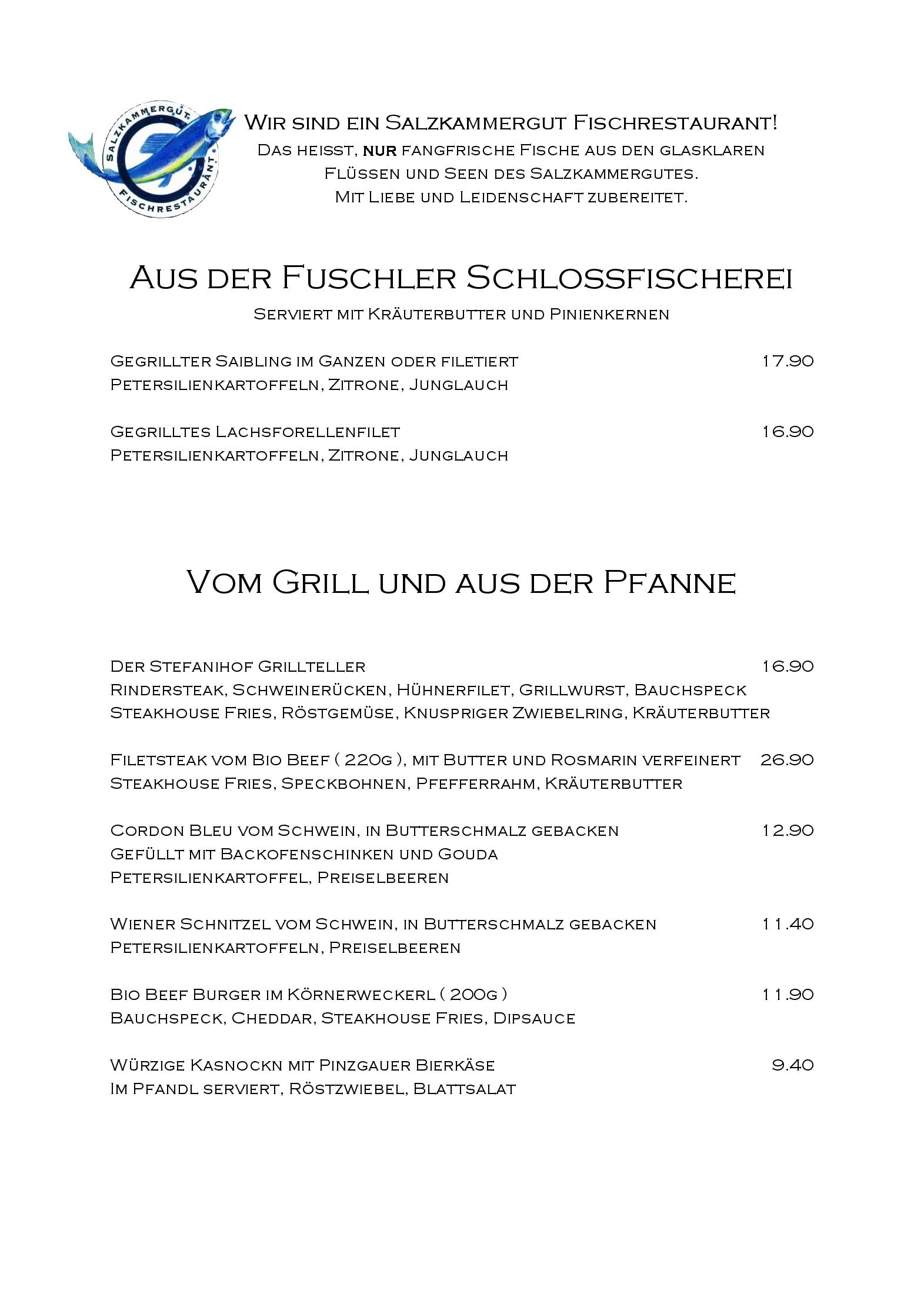 Speisekarte Hotel Stefanihof Restaurant in Fuschl am See, Seite 1