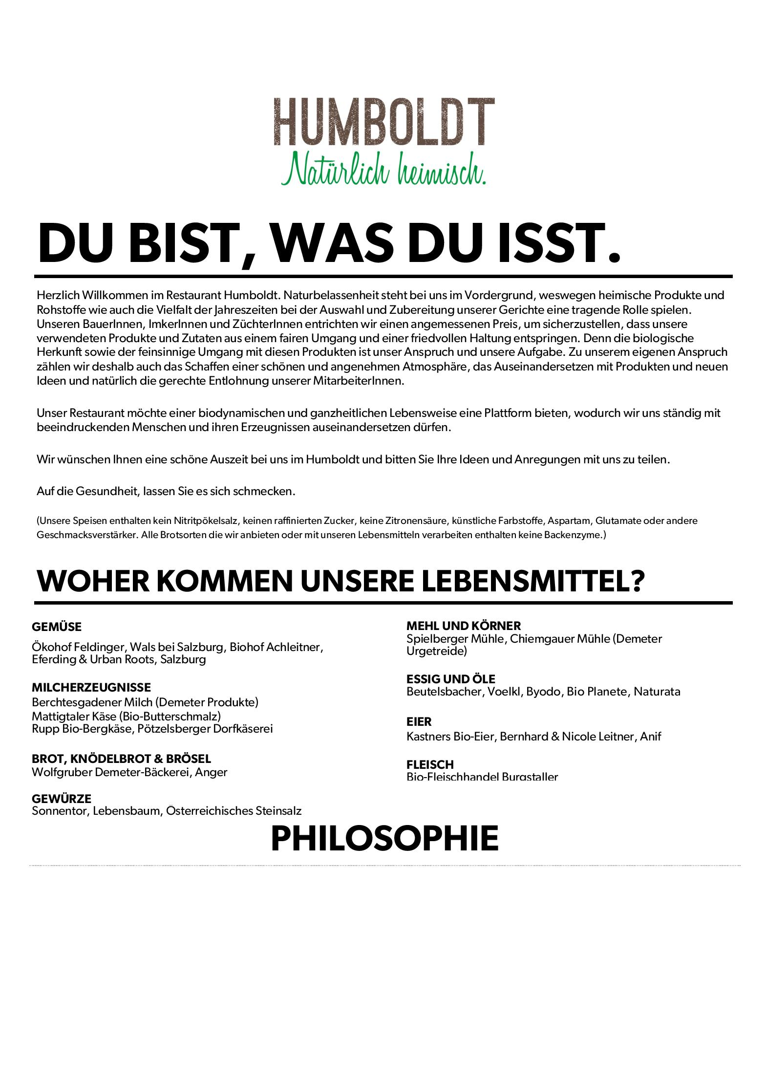 Speisekarte Humboldt Bio-Restaurant & Bar in Salzburg, Seite 1