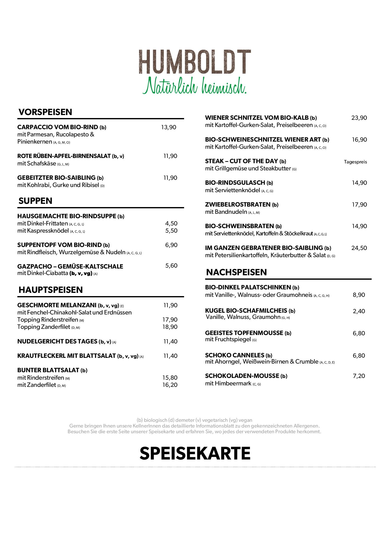 Speisekarte Humboldt Bio-Restaurant & Bar in Salzburg, Seite 2