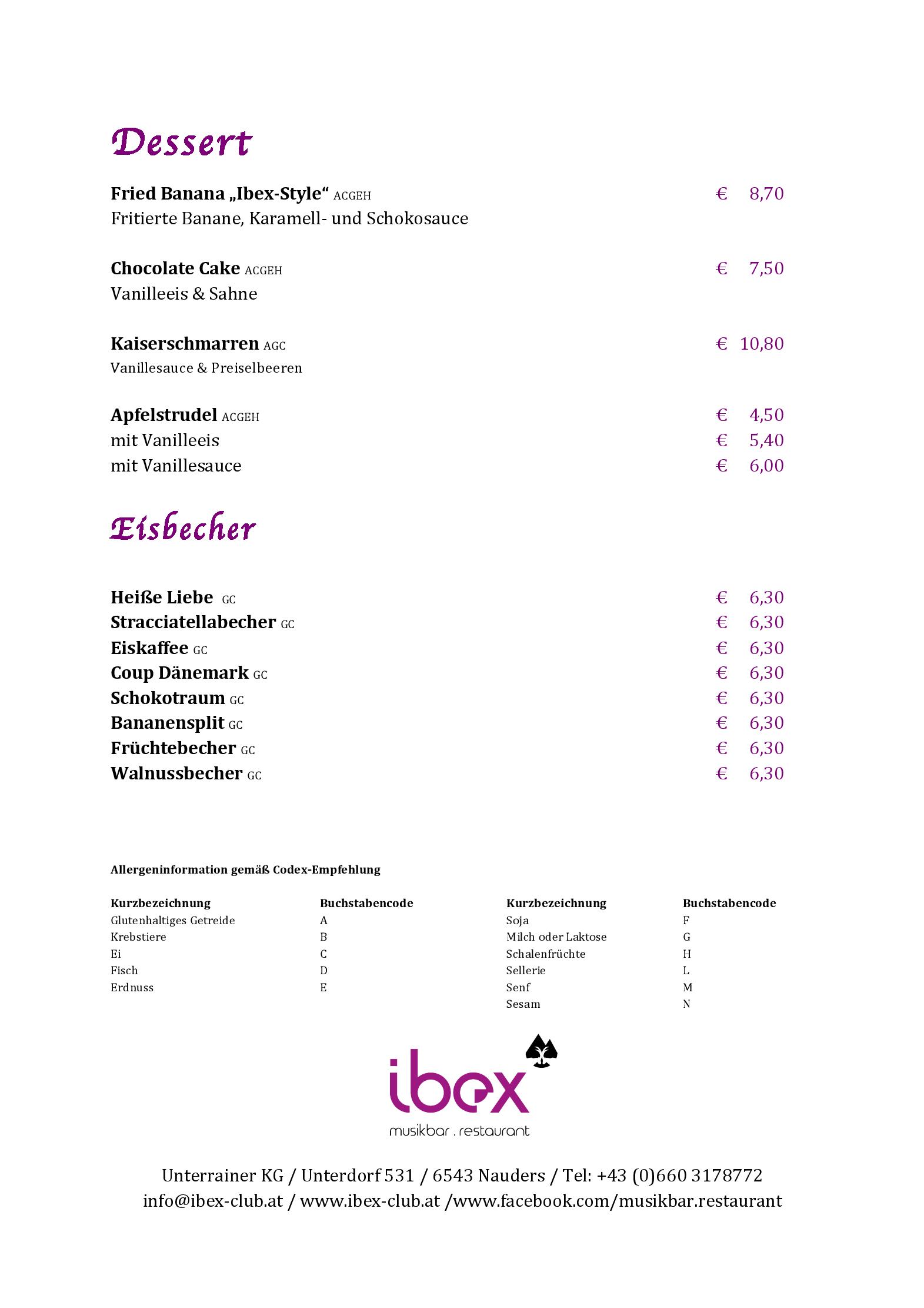 Speisekarte Ibex Musikbar/Restaurant in Nauders, Seite 8
