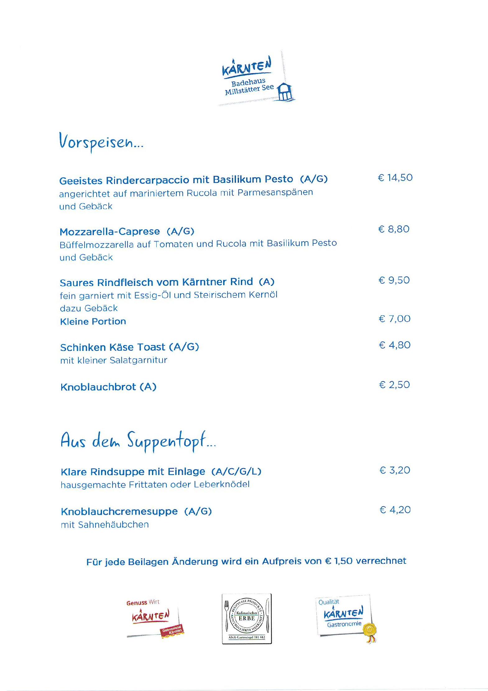 Speisekarte Kärnten Badehaus Millstätter See in Millstatt, Seite 2
