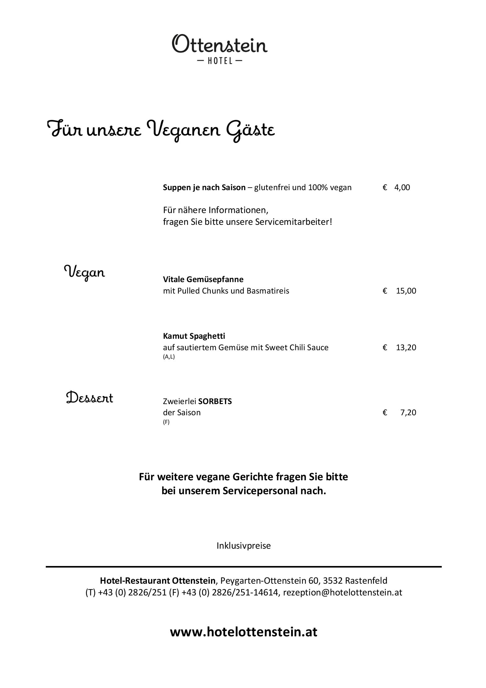 Speisekarte Hotel Ottenstein - Das Wohlfühlhotel in Rastenfeld, Seite 1