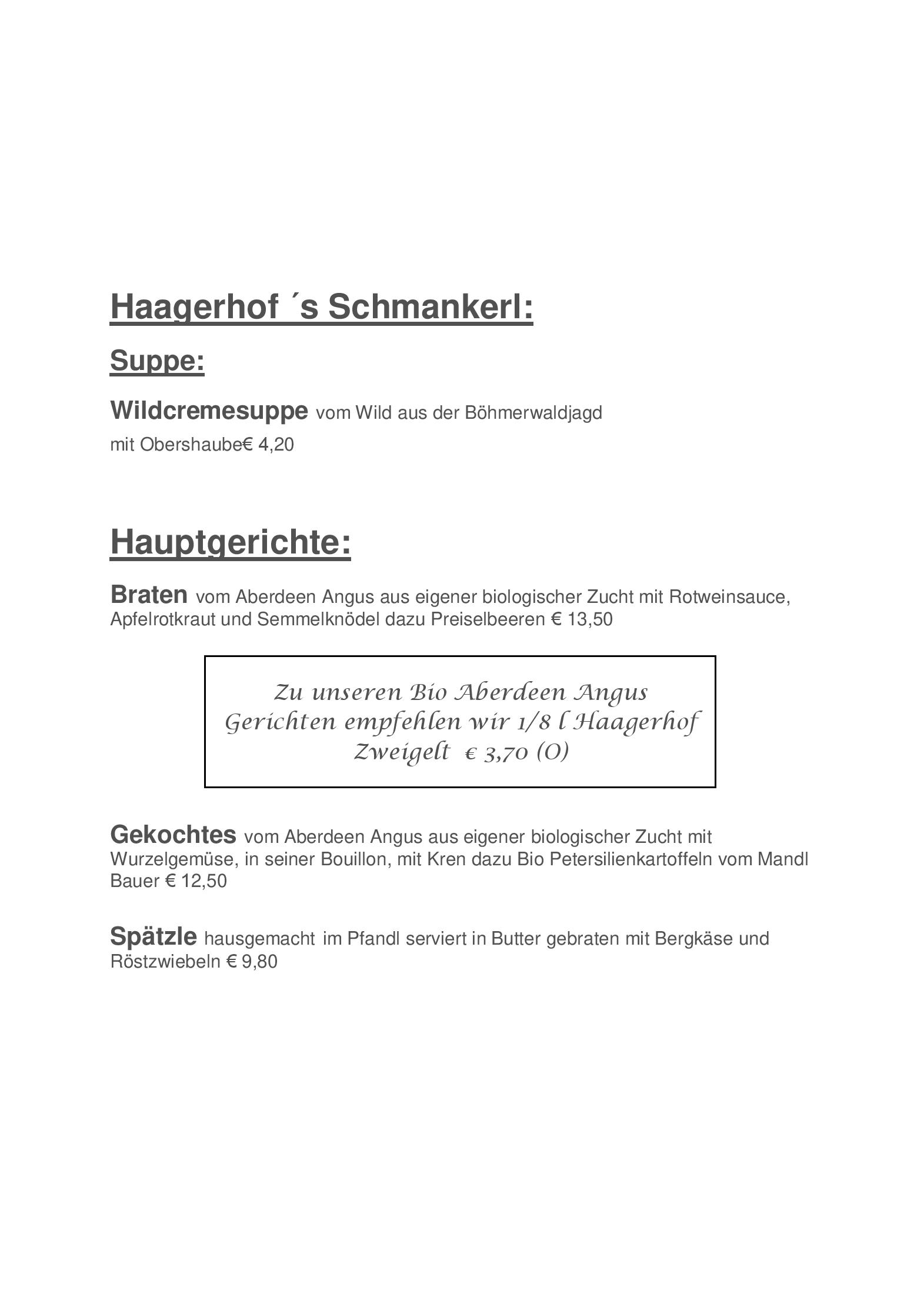 Speisekarte Landhotel Haagerhof in Aigen-Schlägl, Seite 2