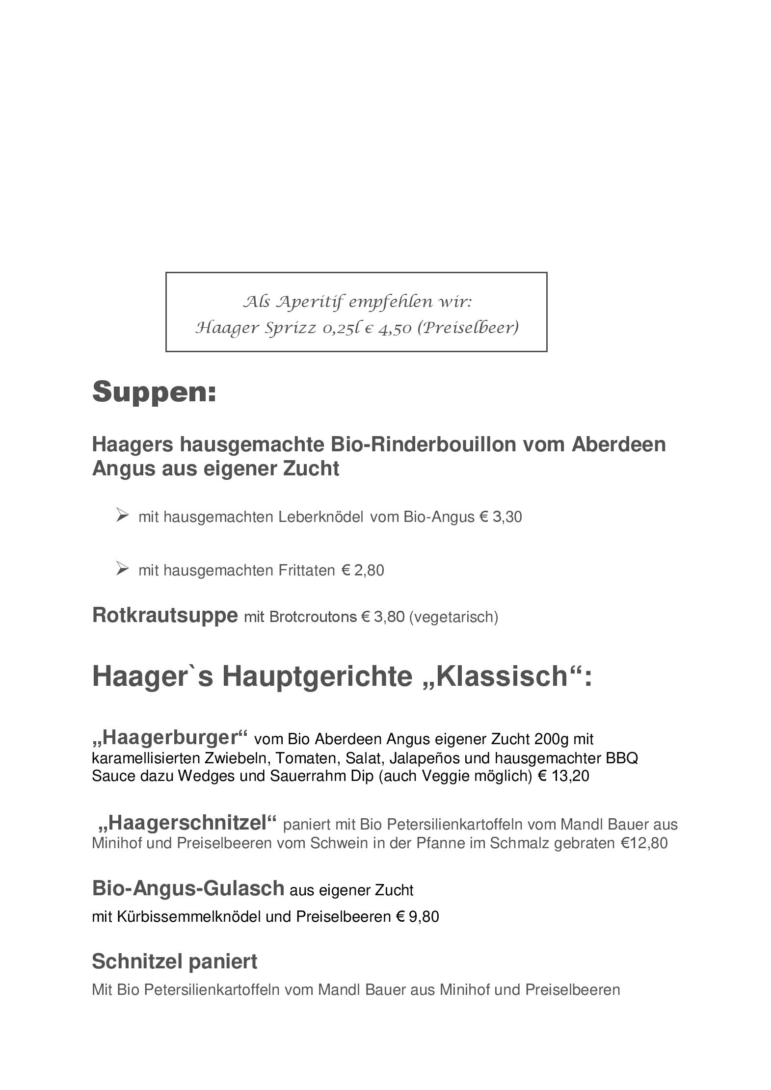 Speisekarte Landhotel Haagerhof in Aigen-Schlägl, Seite 1