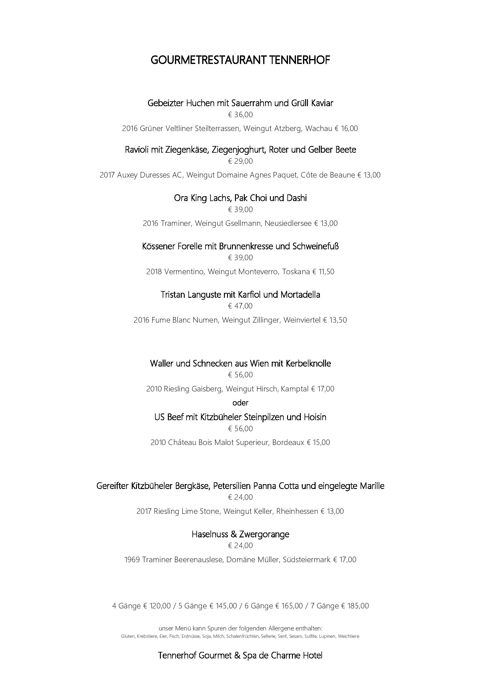 Speisekarte Gourmetrestaurant Tennerhof in Kitzbühel, Seite 1