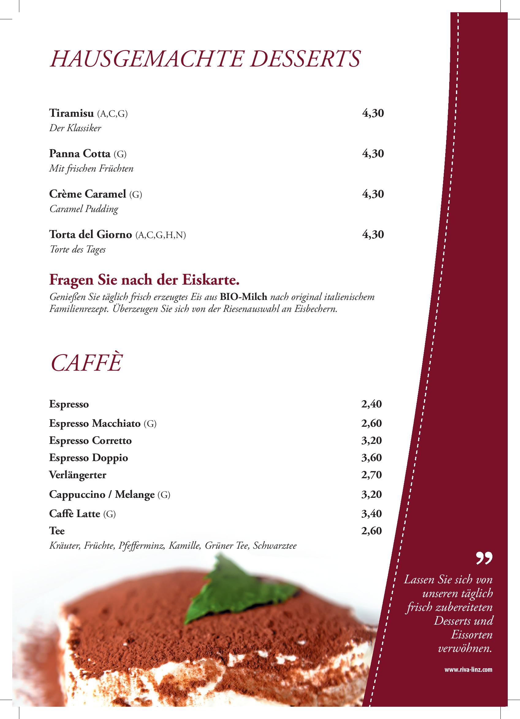 Speisekarte RIVA Ristorante - Pizzeria - Eissalon in Linz, Seite 2