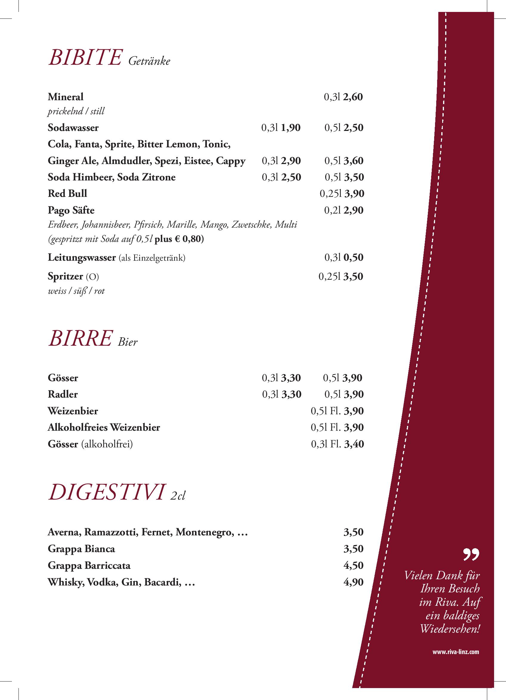 Speisekarte RIVA Ristorante - Pizzeria - Eissalon in Linz, Seite 1