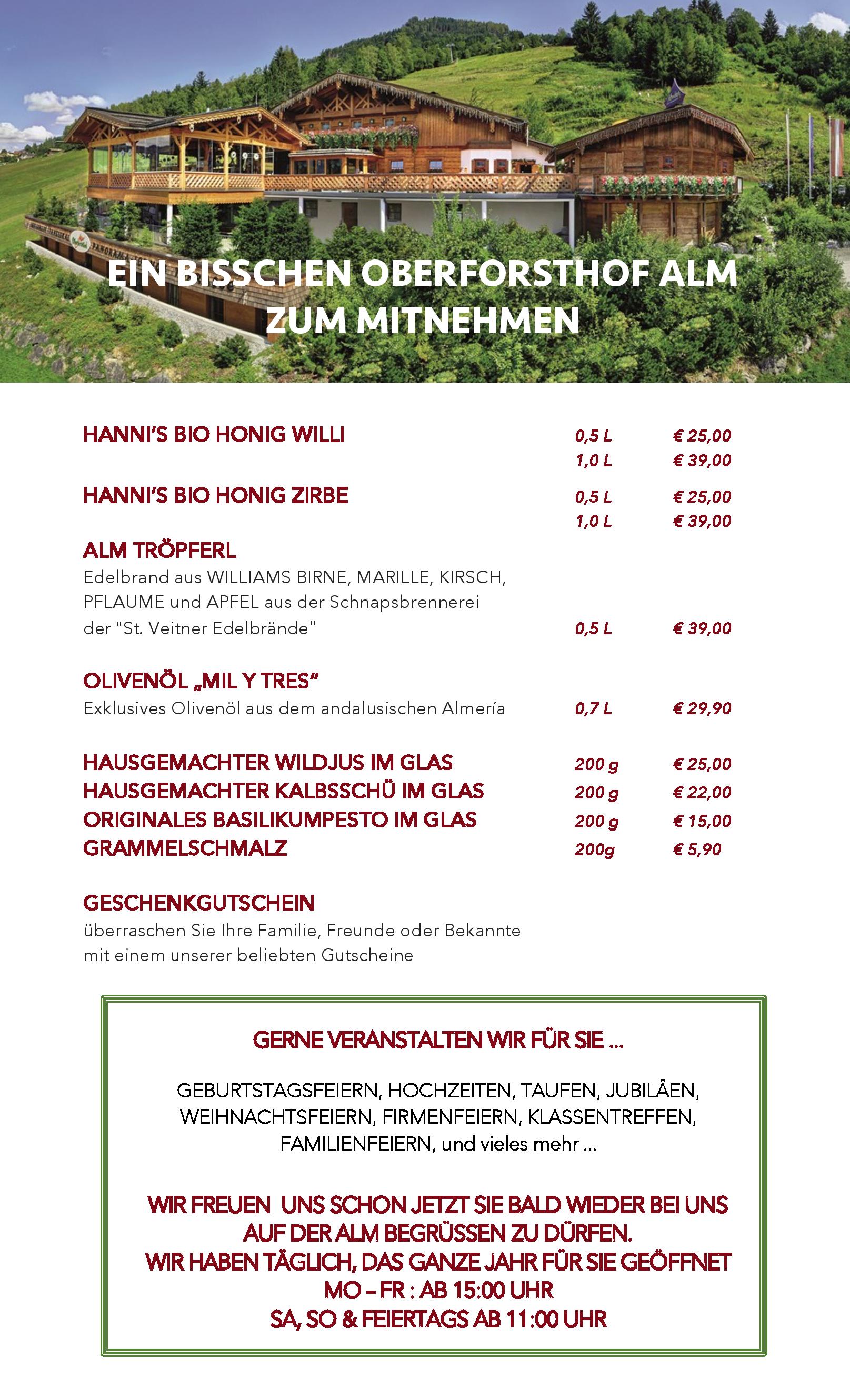 Speisekarte OBERFORSTHOFALM in Sankt Johann, Seite 1