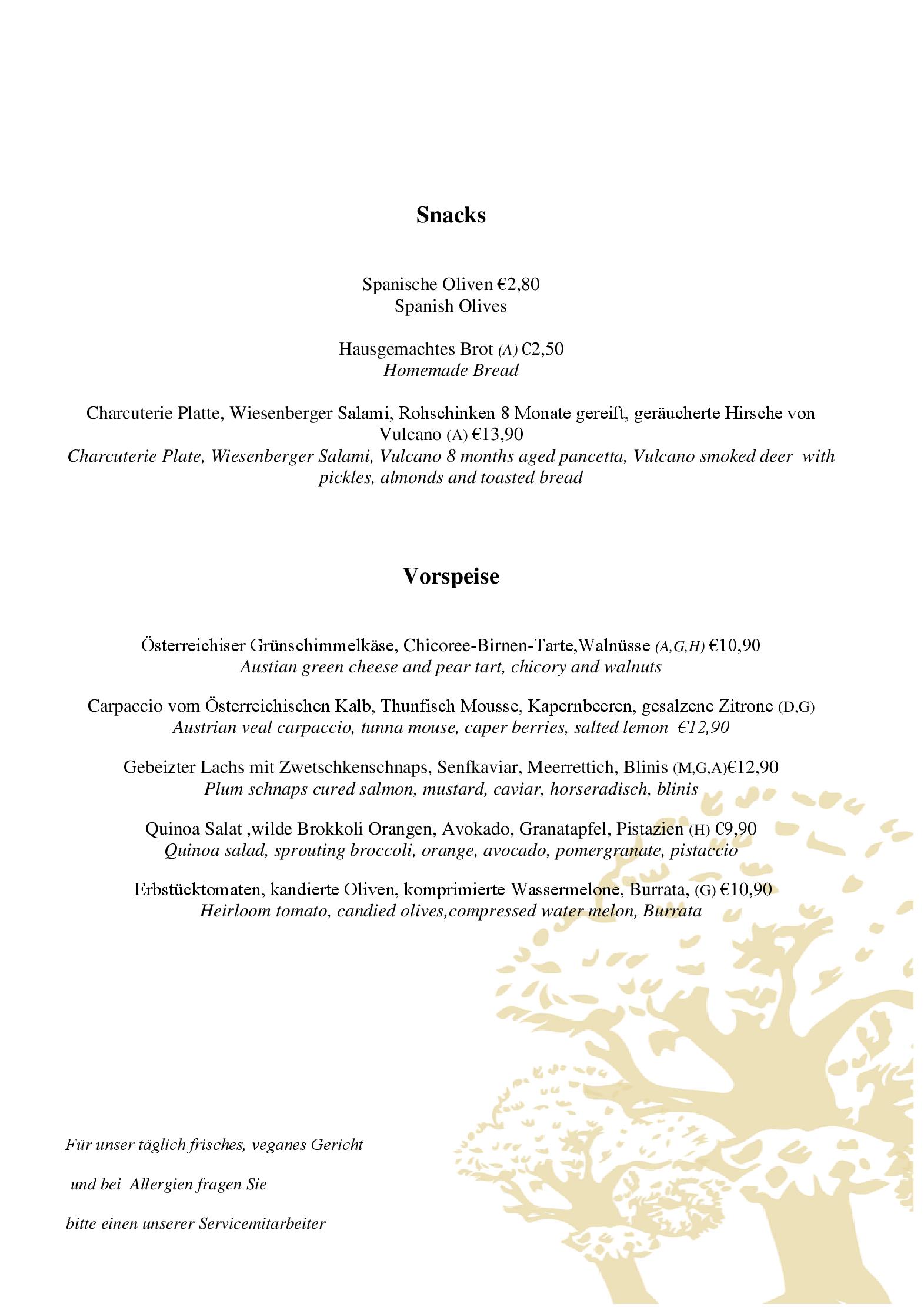 Speisekarte Three Trees Restaurant in Wien, Seite 1