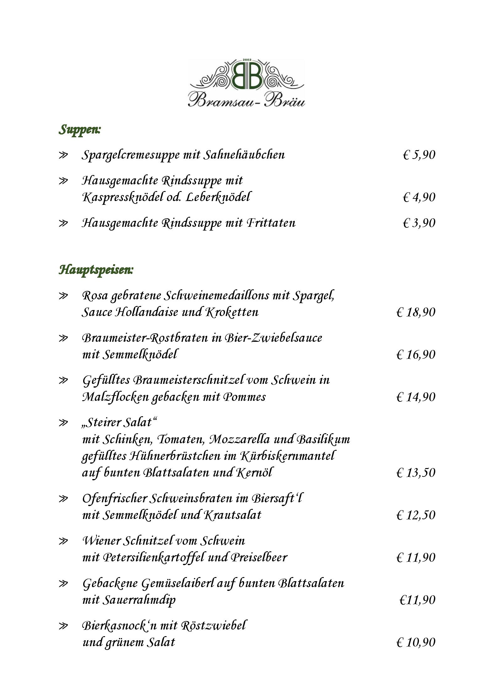 Speisekarte Bramsau-Bräu in Faistenau, Seite 1