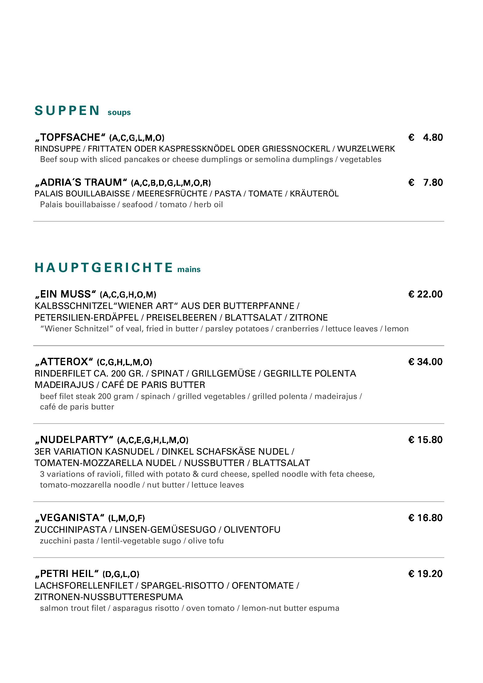 Speisekarte Restaurant Charles in Villach, Seite 1