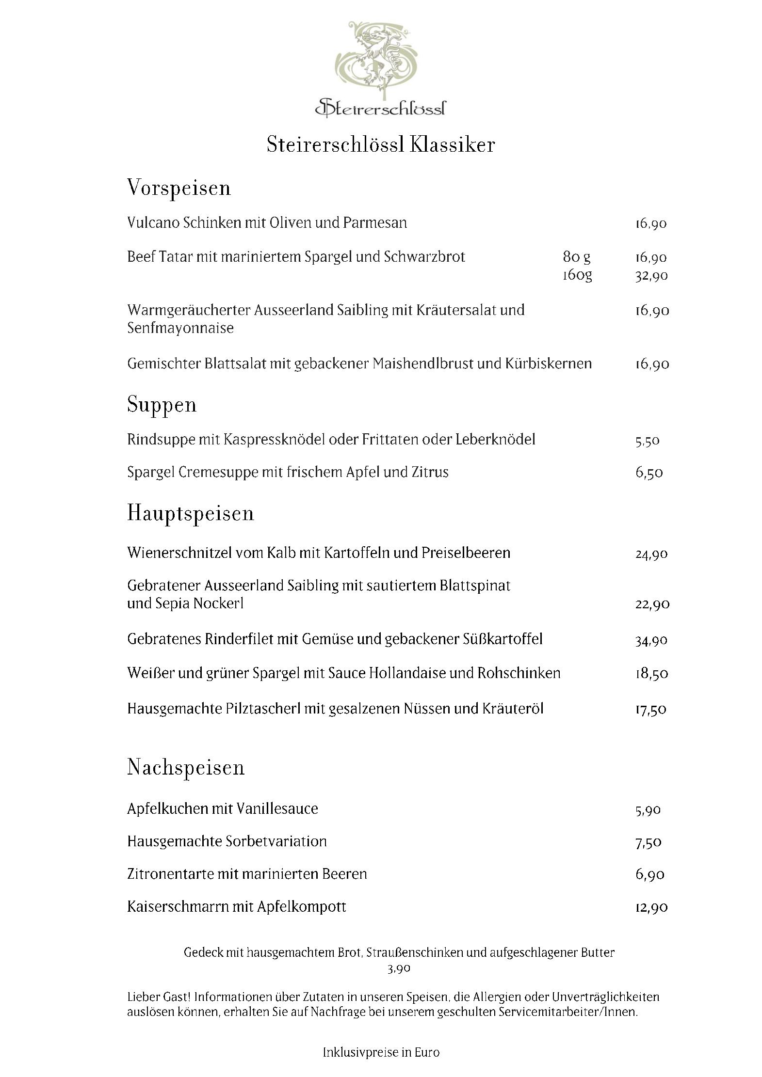 Speisekarte Hotel Steirerschlössl in Zeltweg, Seite 1