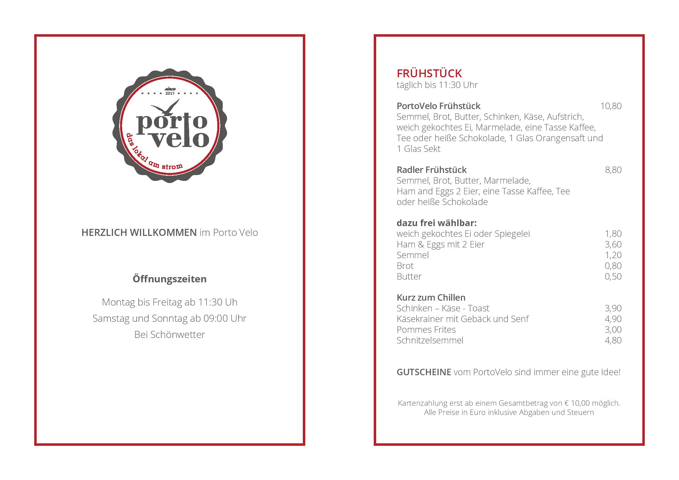 Speisekarte PortoVelo Gastronomie GmbH in Hollenburg bei Krems, Seite 1