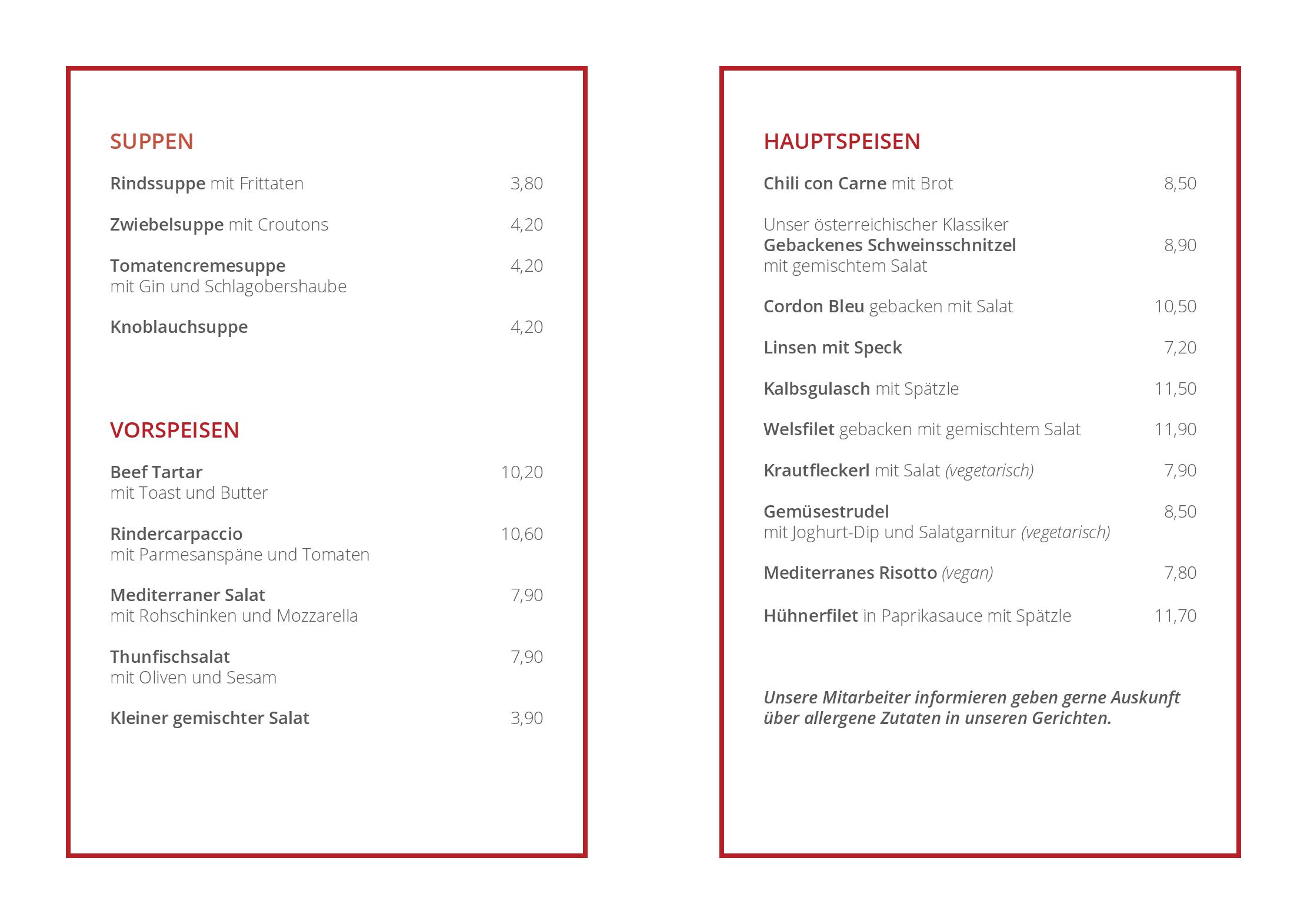 Speisekarte PortoVelo Gastronomie GmbH in Hollenburg bei Krems, Seite 2