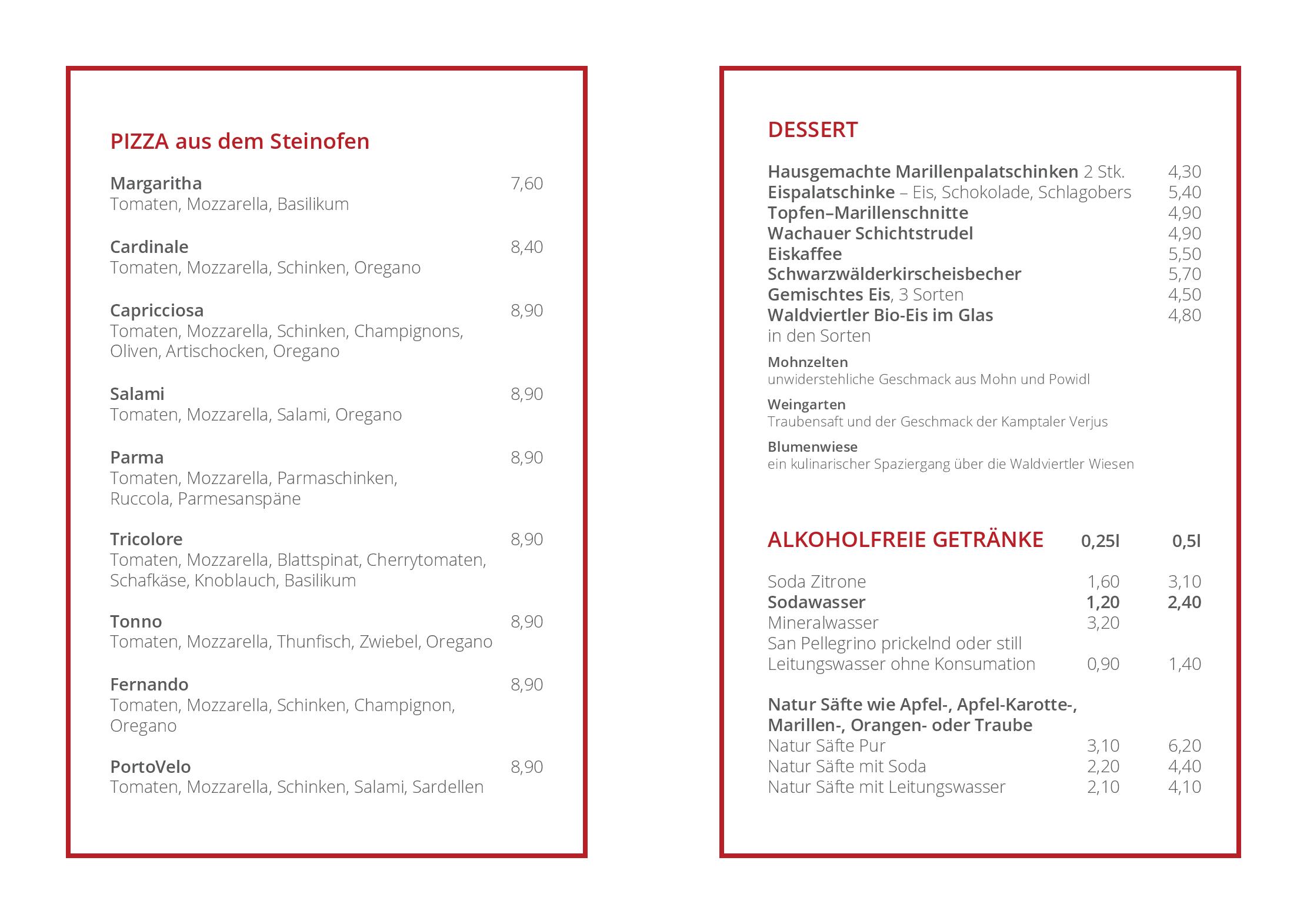 Speisekarte PortoVelo Gastronomie GmbH in Hollenburg bei Krems, Seite 3