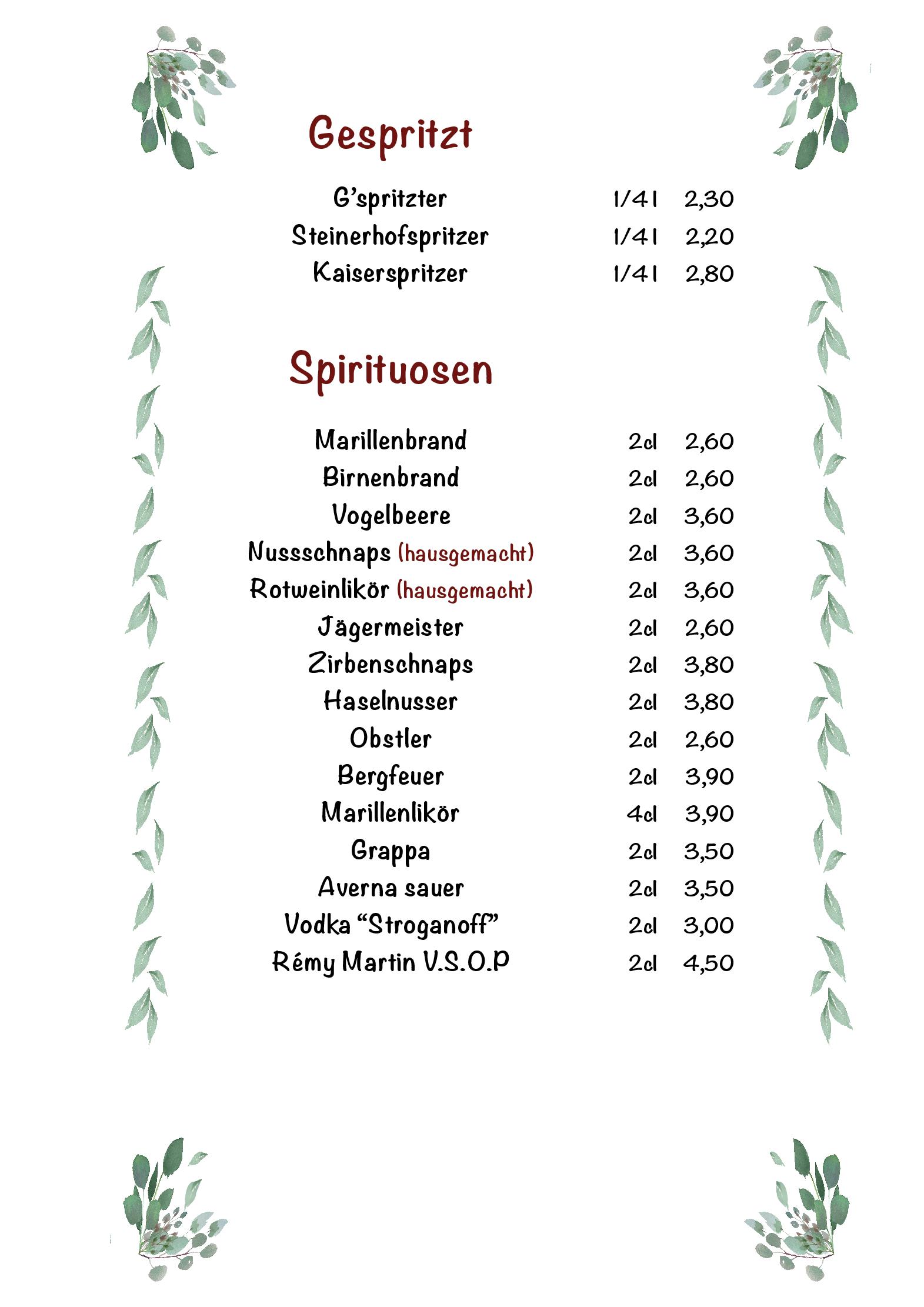 Speisekarte Gasthaus Steinerhof in Pressbaum, Seite 10