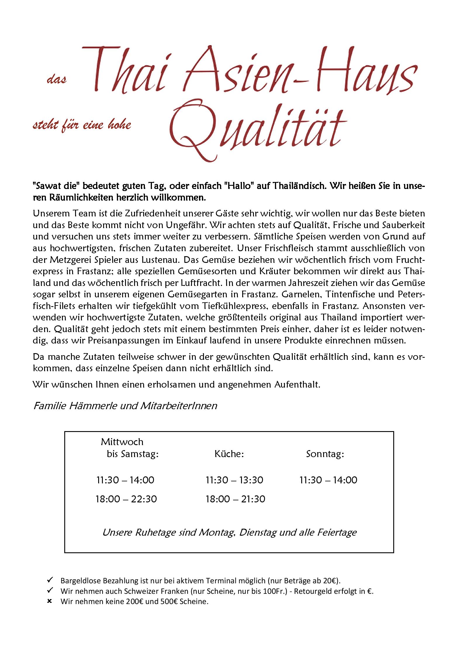 Speisekarte Thai Asien Haus in Feldkirch, Seite 1