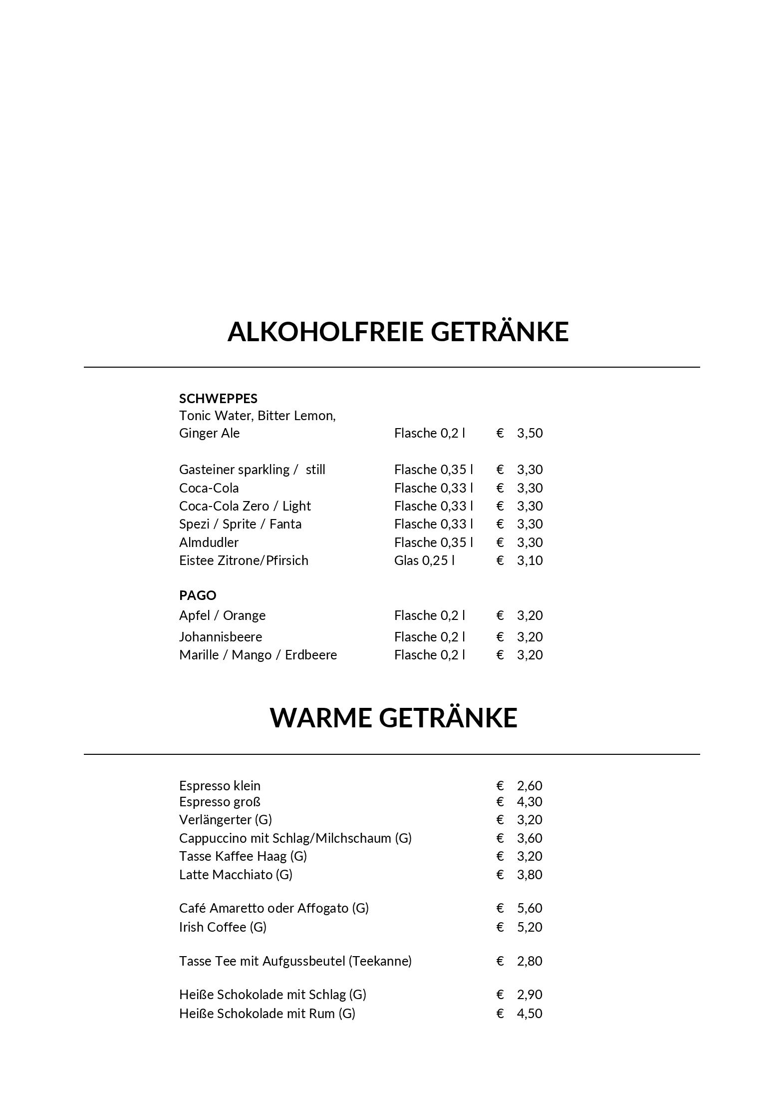 Speisekarte Nationalpark Lodge Grossglockner in Heiligenblut, Seite 1