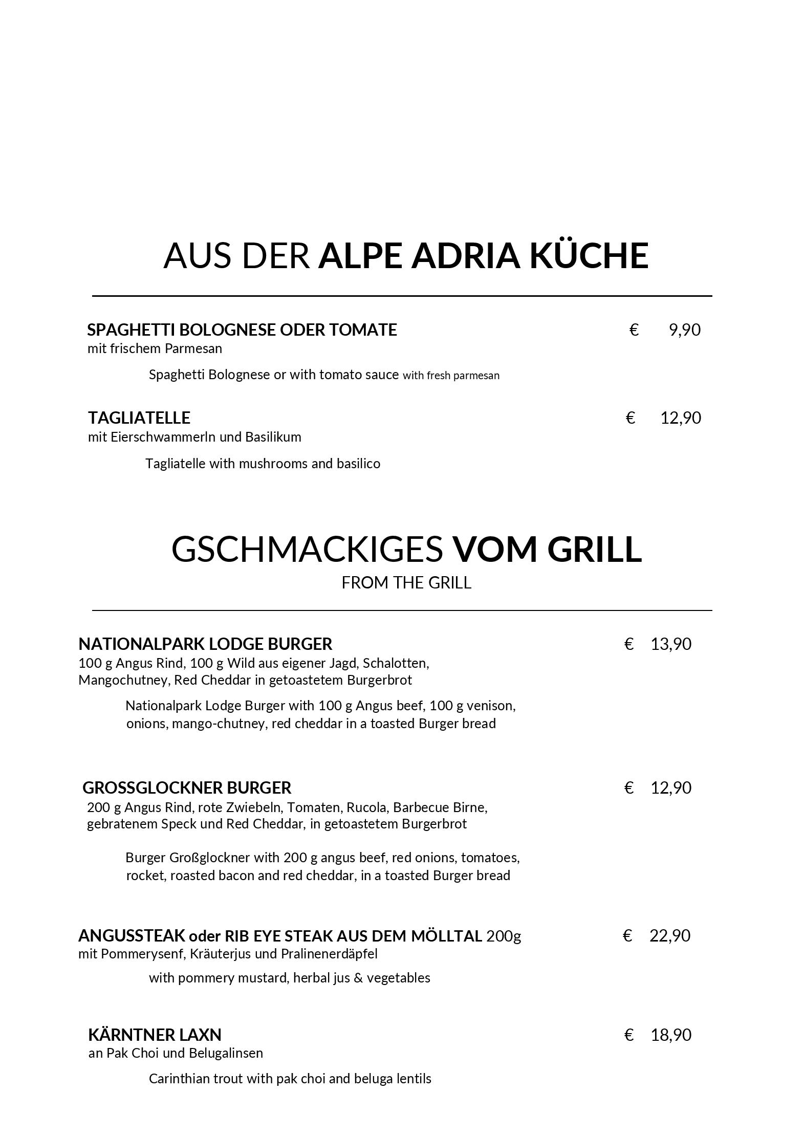Speisekarte Nationalpark Lodge Grossglockner  in Heiligenblut, Seite 7