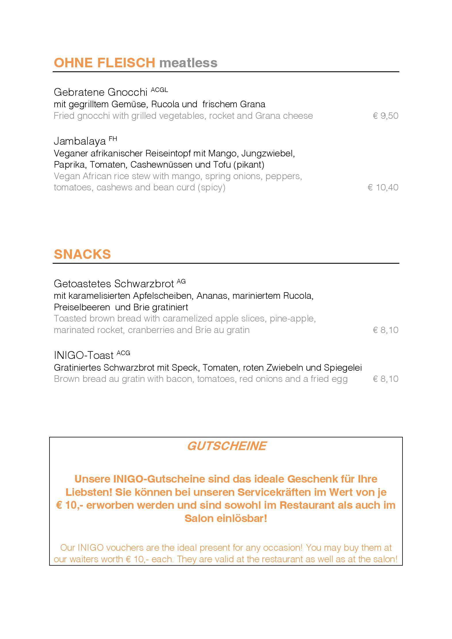 Speisekarte INIGO Restaurant in Wien, Seite 1