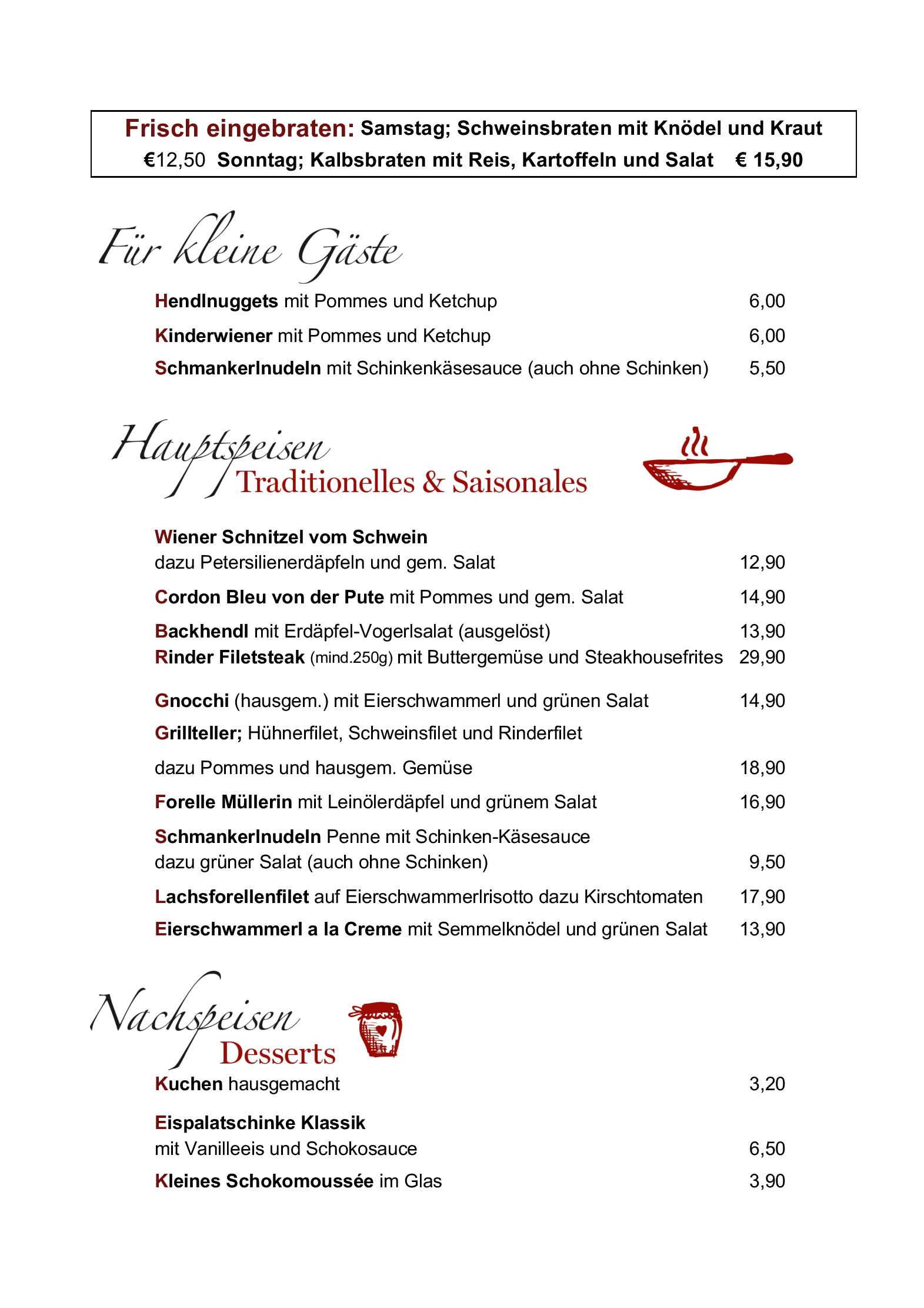 Speisekarte Hartkirchner Hoftaverne in Hartkirchen, Seite 1