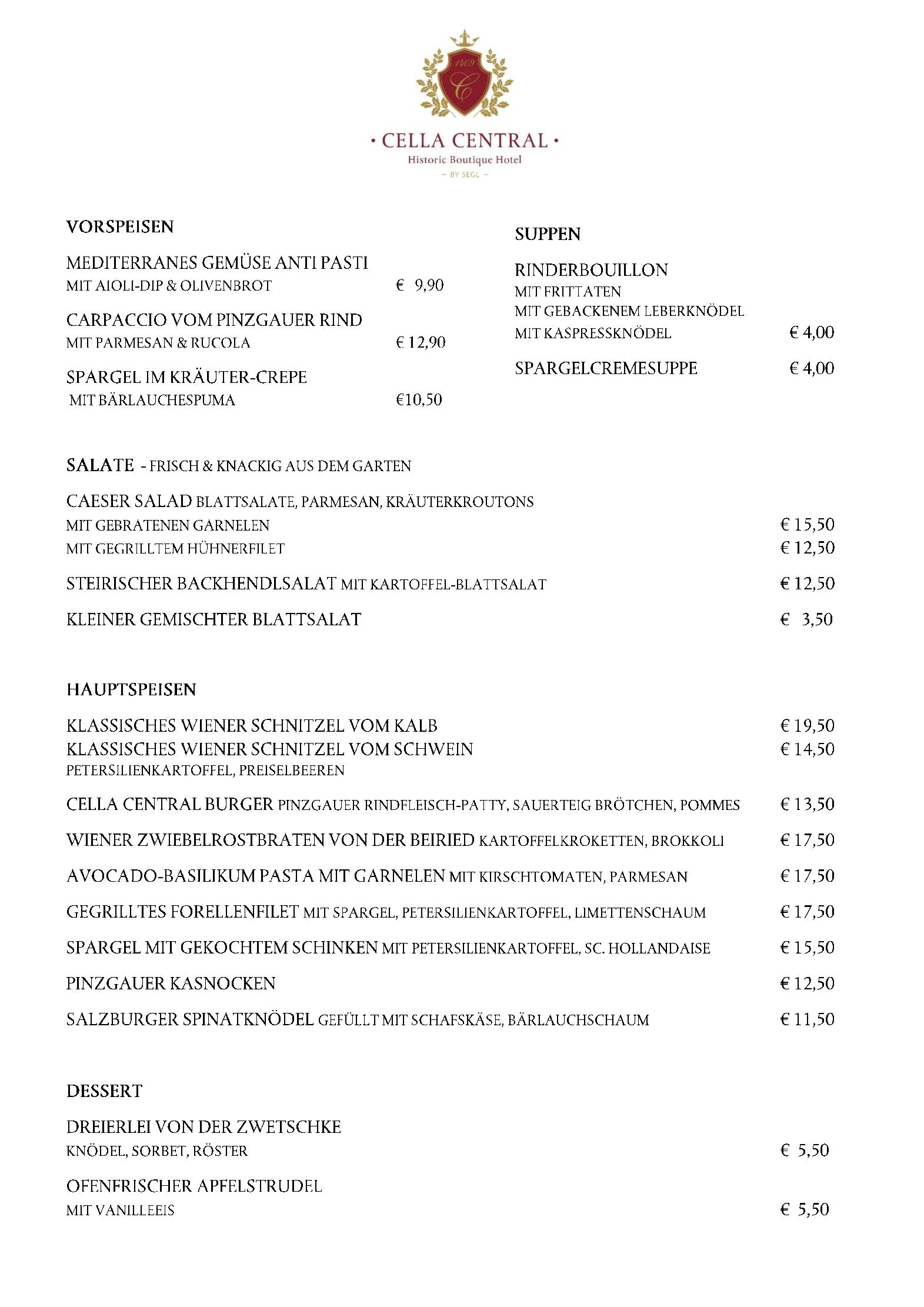 Speisekarte Restaurant Cella Central in Zell am See, Seite 1