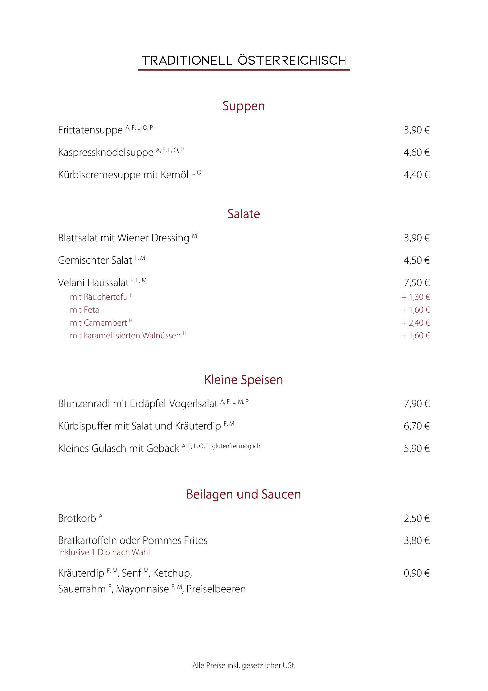 Speisekarte Velani in Wien, Seite 1