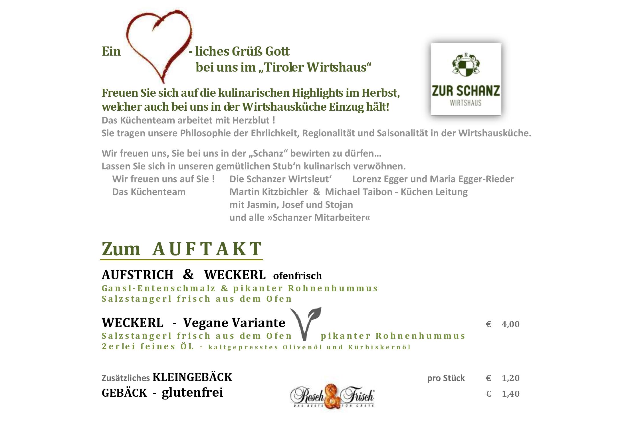 Speisekarte Tiroler Wirtshaus Zur Schanz in Ebbs, Seite 1