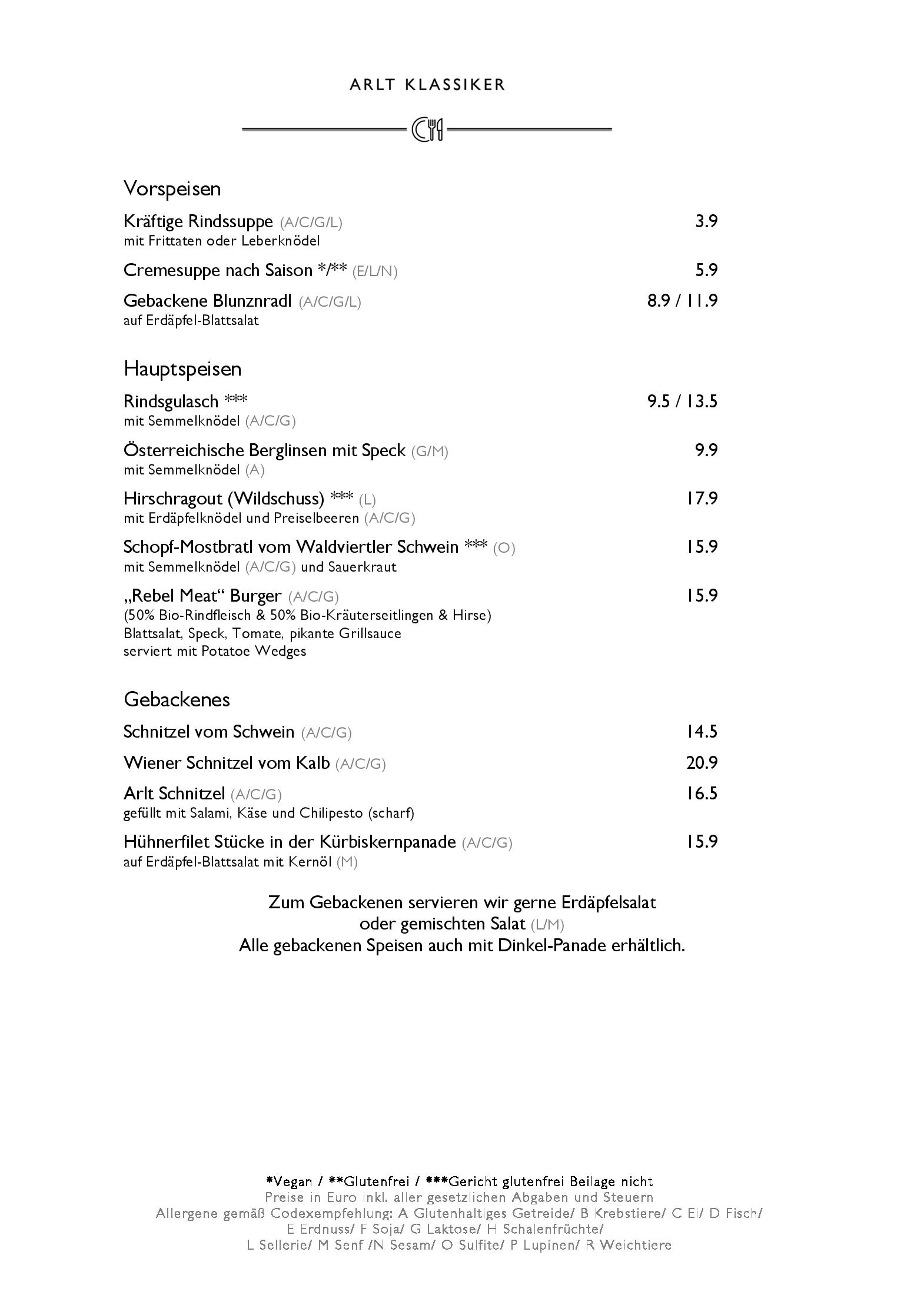 Speisekarte Weinhaus Arlt in Wien, Seite 2