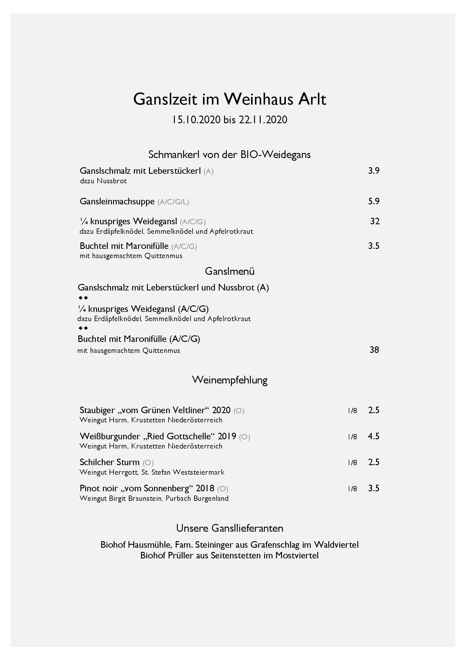 Speisekarte Weinhaus Arlt in Wien, Seite 1