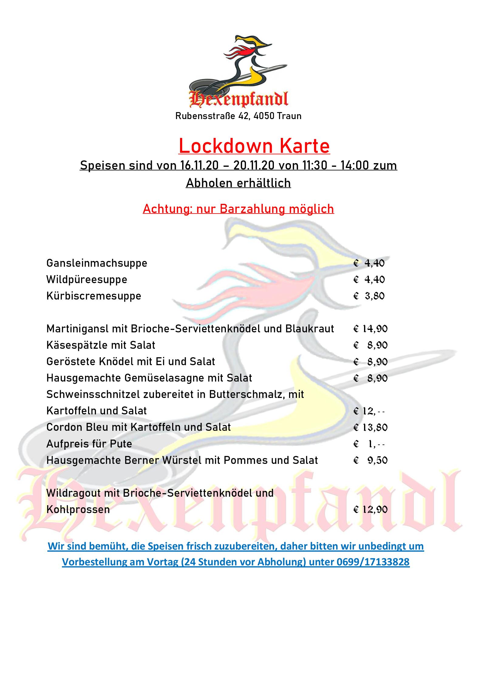 Speisekarte Hexenpfandl in Traun, Seite 1