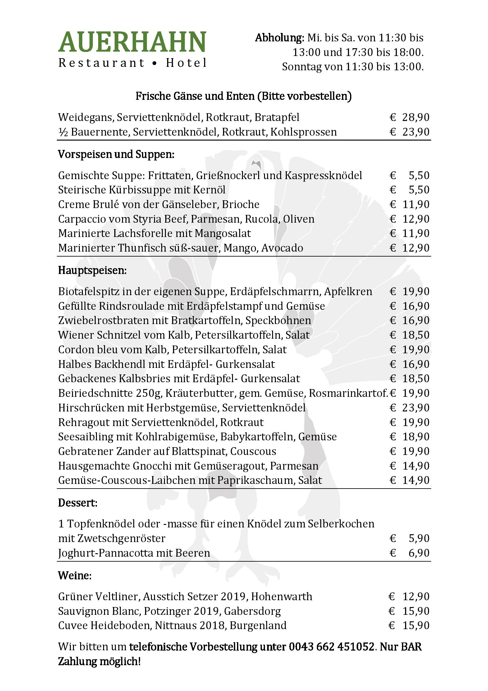 Speisekarte Auerhahn in Salzburg, Seite 1