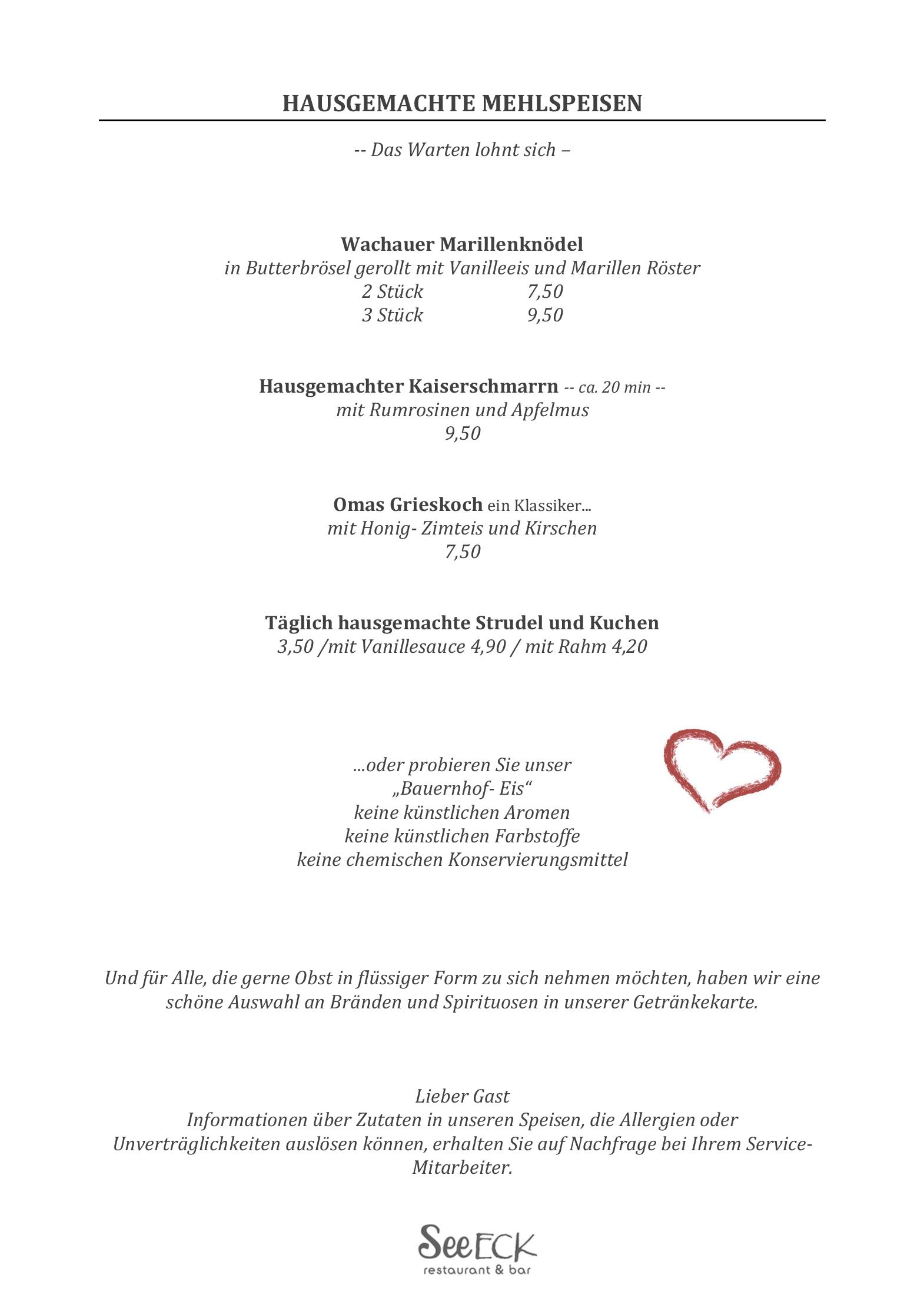 Speisekarte Restaurant SeeEck in Achenkirch, Seite 1