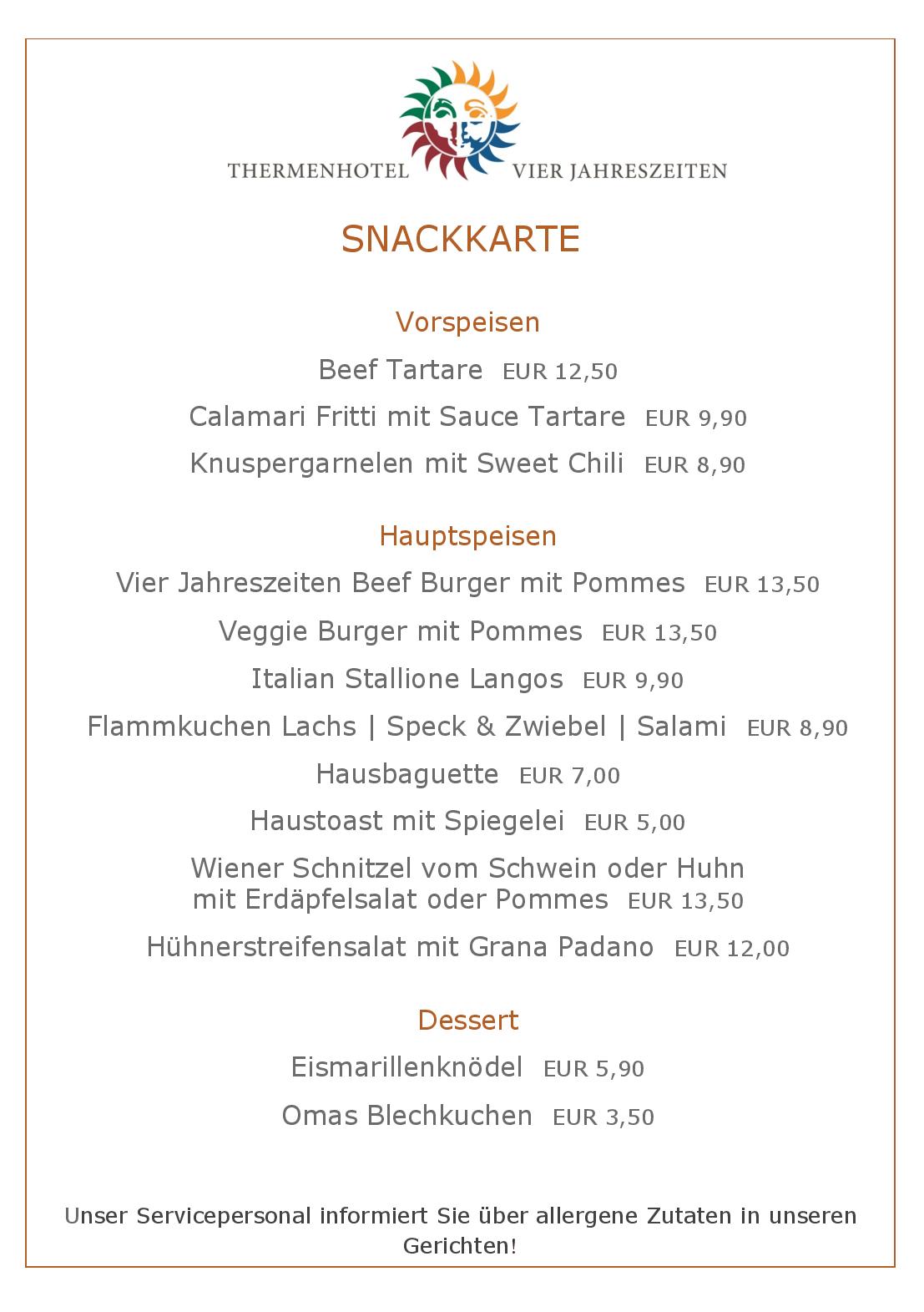 Speisekarte Thermenhotel 4 Jahreszeiten in Lutzmannsburg, Seite 1