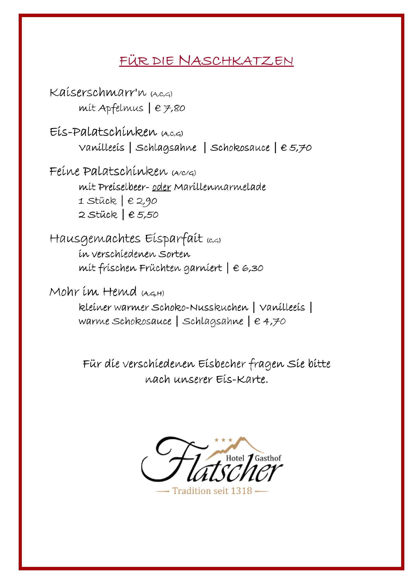 Speisekarte Gasthof Flatscher in Stuhlfelden, Seite 1