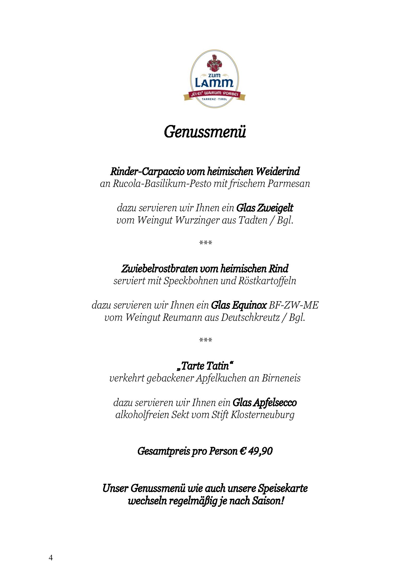 Speisekarte Hotel Restaurant Zum Lamm in Tarrenz, Seite 3
