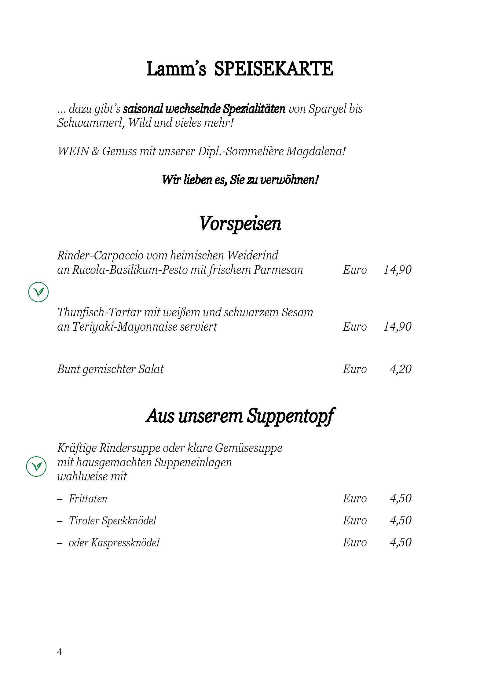 Speisekarte Hotel Restaurant Zum Lamm in Tarrenz, Seite 4