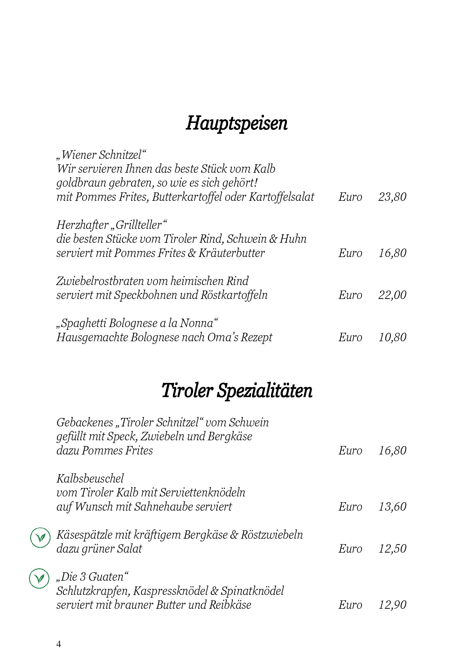 Speisekarte Hotel Restaurant Zum Lamm in Tarrenz, Seite 2