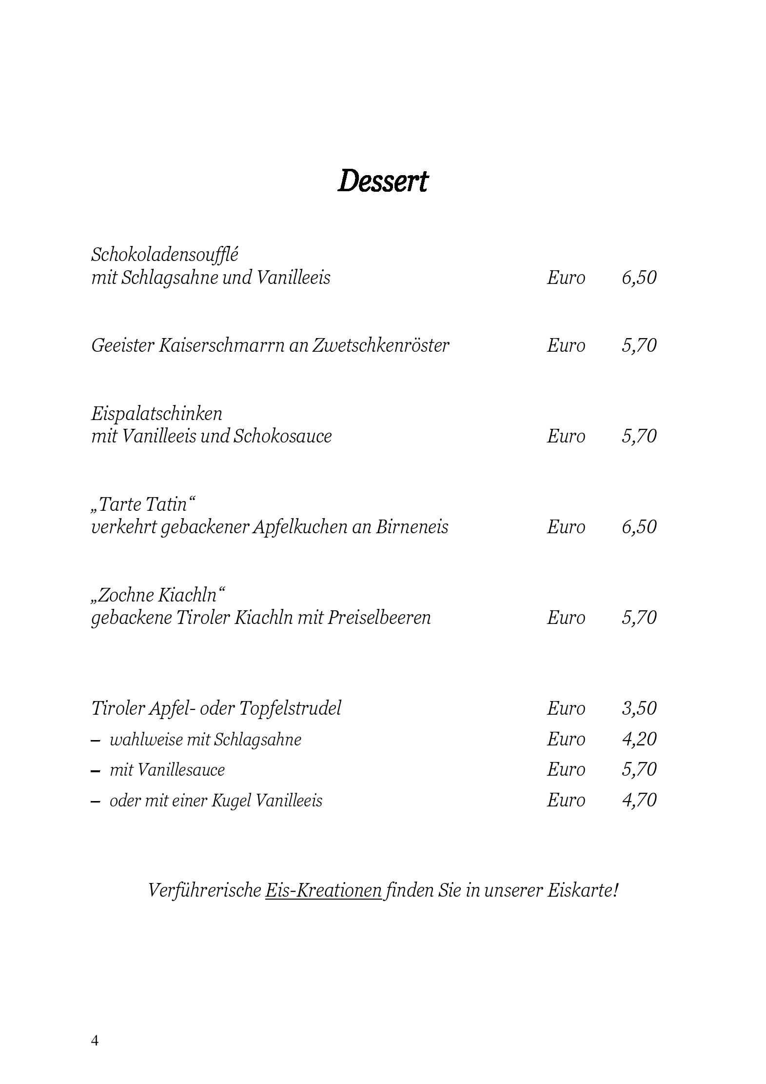 Speisekarte Hotel Restaurant Zum Lamm in Tarrenz, Seite 1