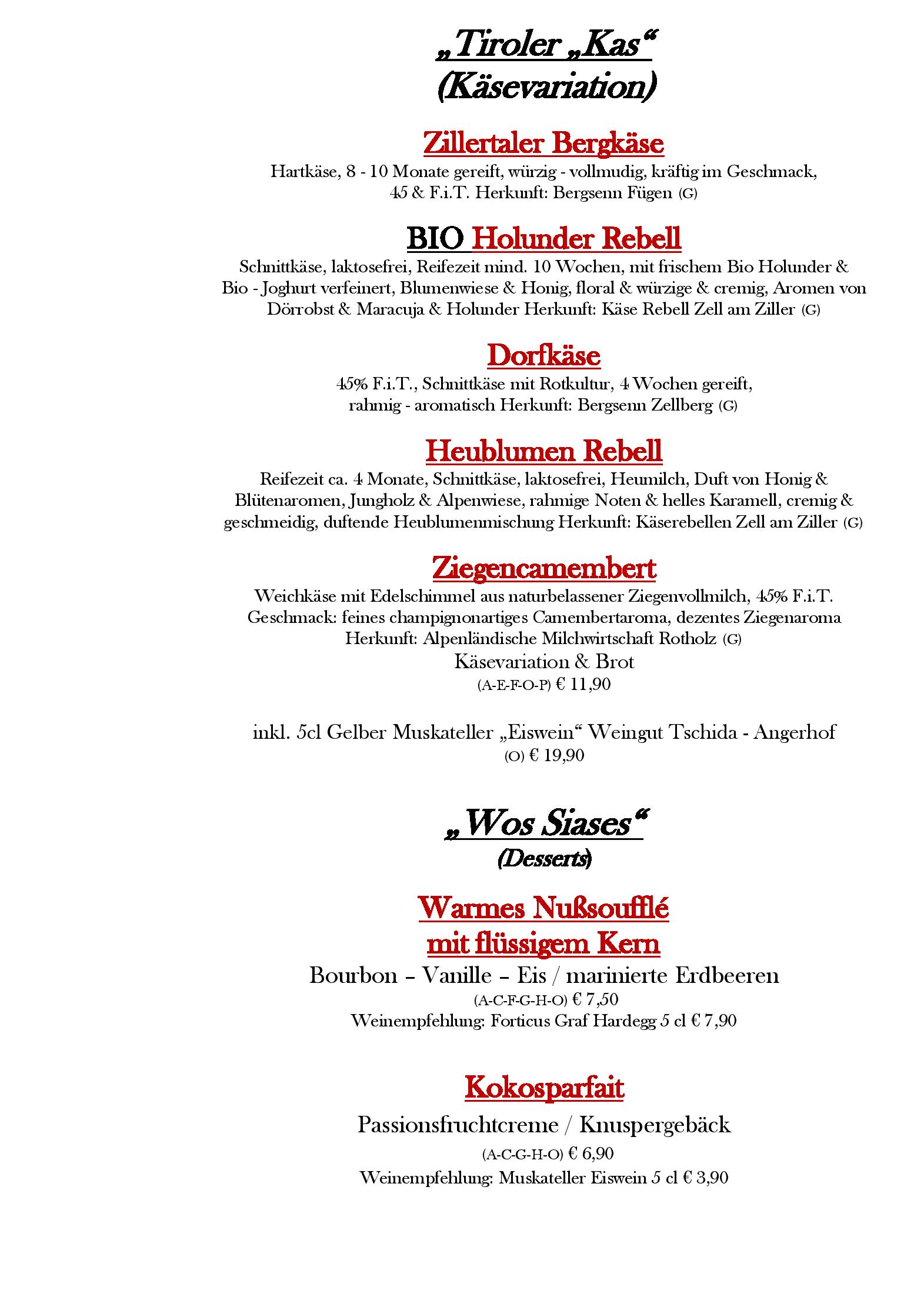 Speisekarte Hotel Restaurant Englhof in Zell im Zillertal, Seite 26